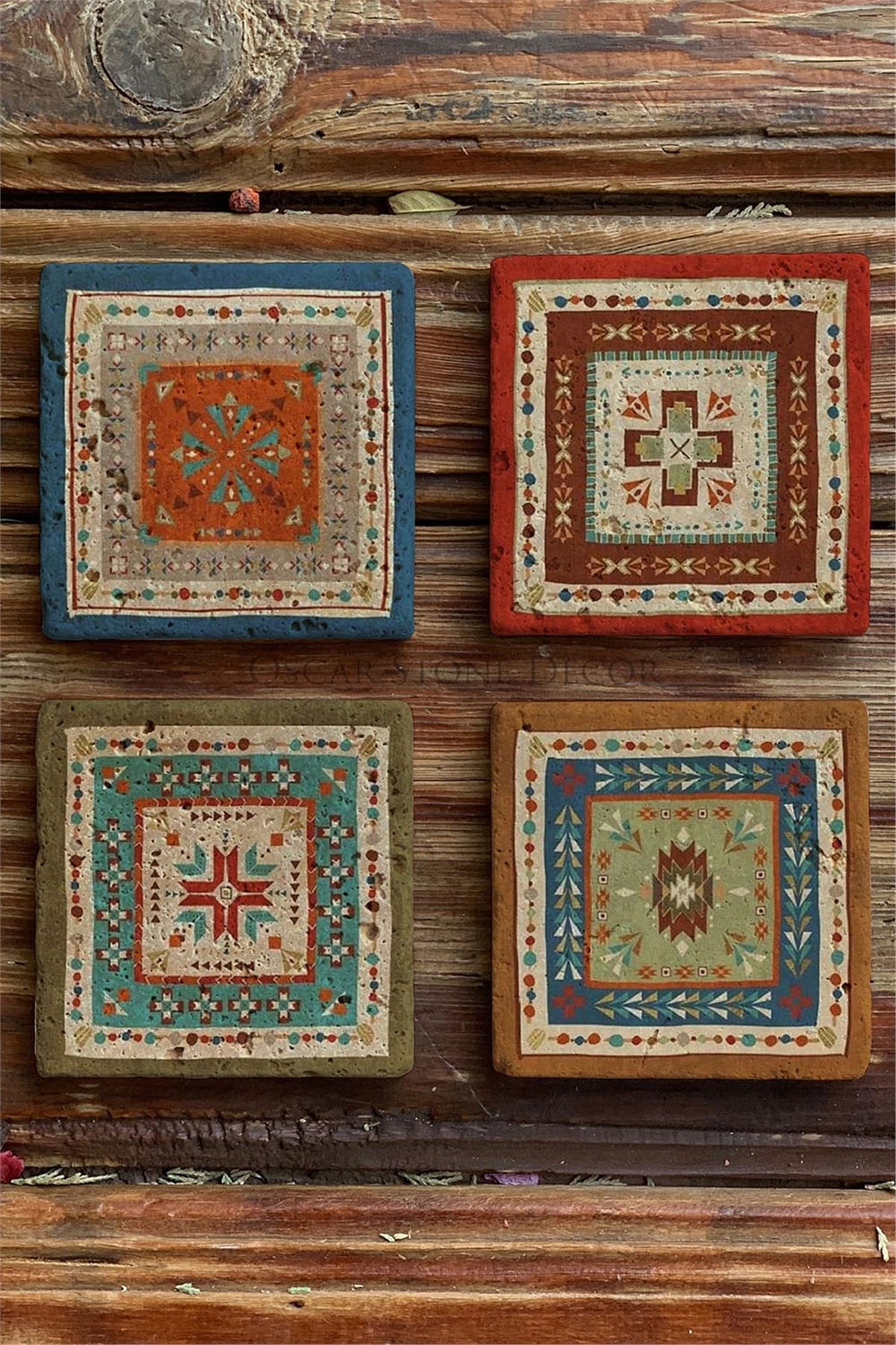 Oscar Stone Decor Baskılı Doğaltaş Bardak Altlığı 4'lü Set Desen Tile