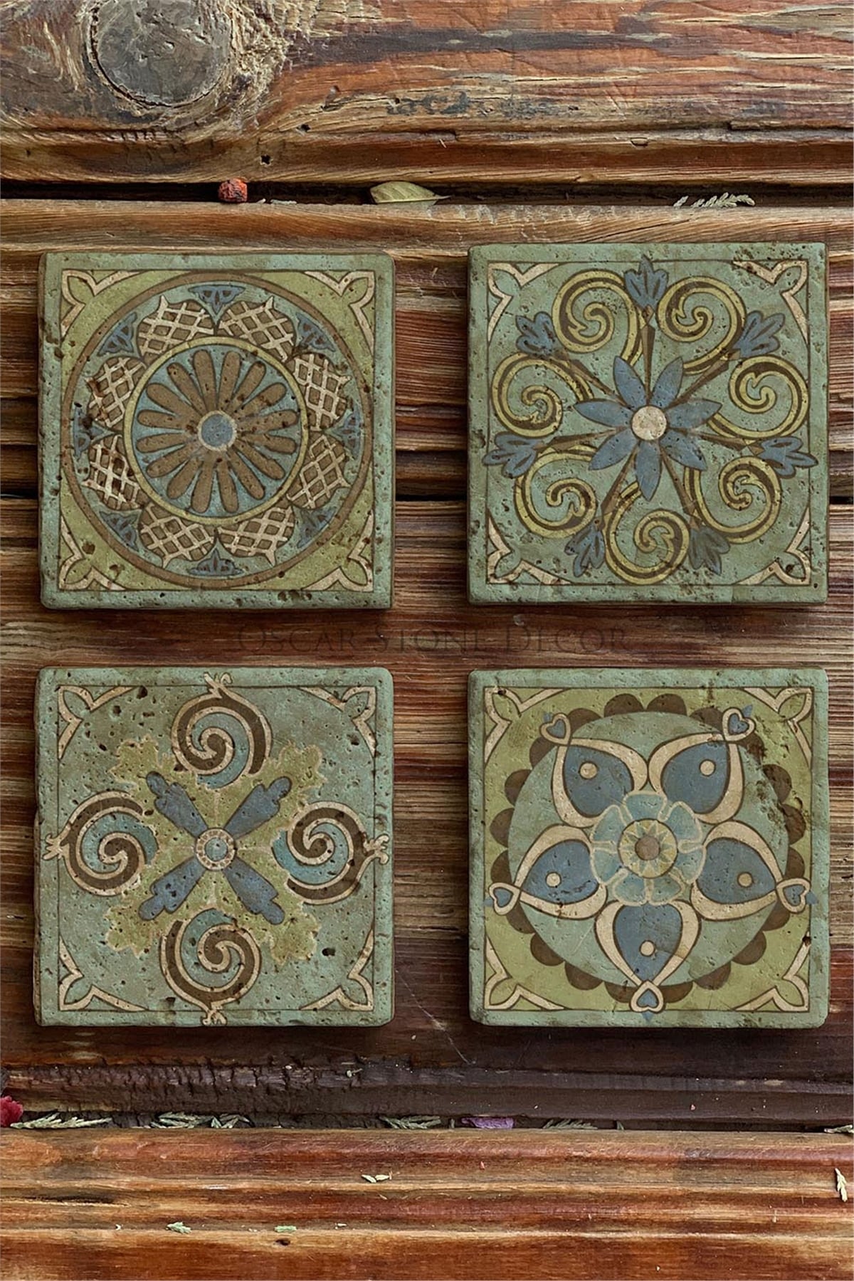 Oscar Stone Decor Baskılı Doğaltaş Bardak Altlığı 4'lü Set Desen Tile