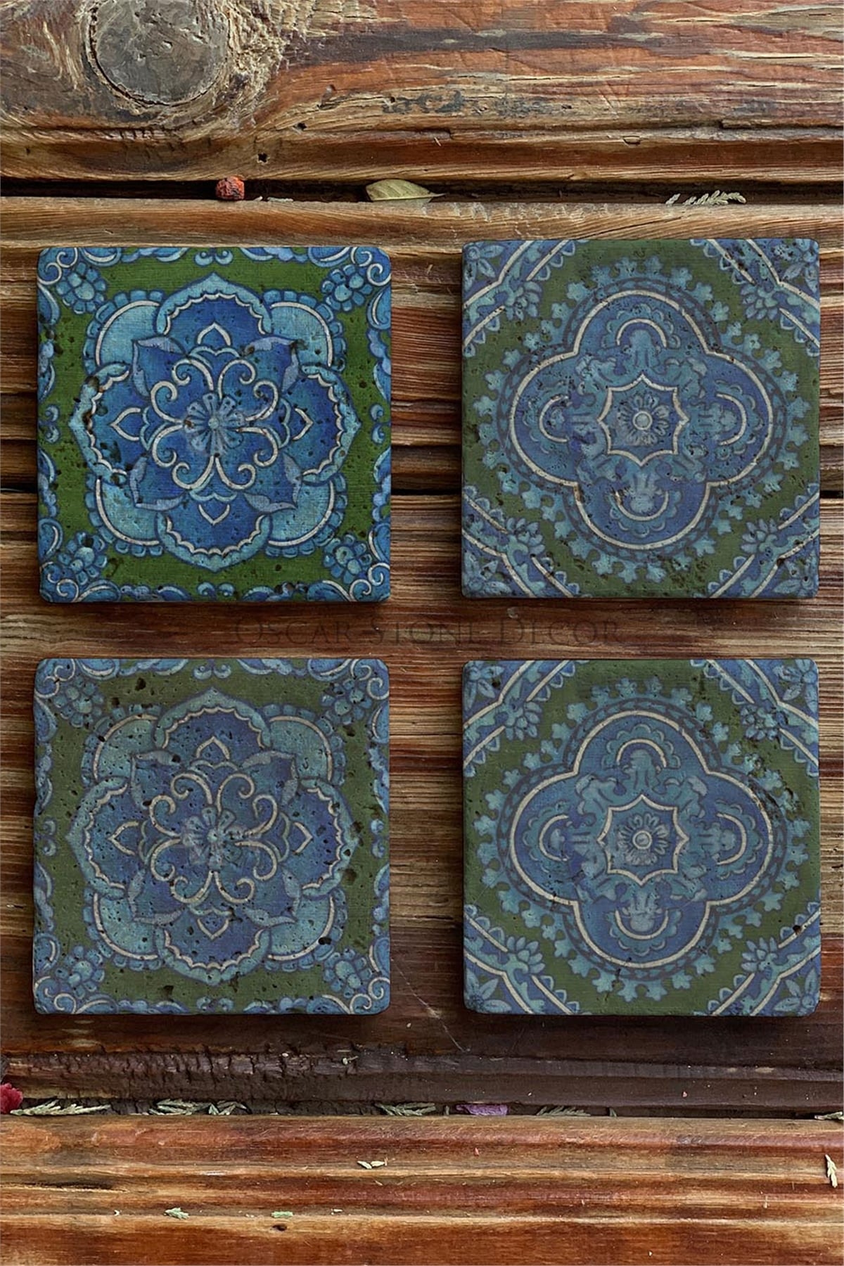 Oscar Stone Decor Baskılı Doğaltaş Bardak Altlığı 4'lü Set Desen Tile