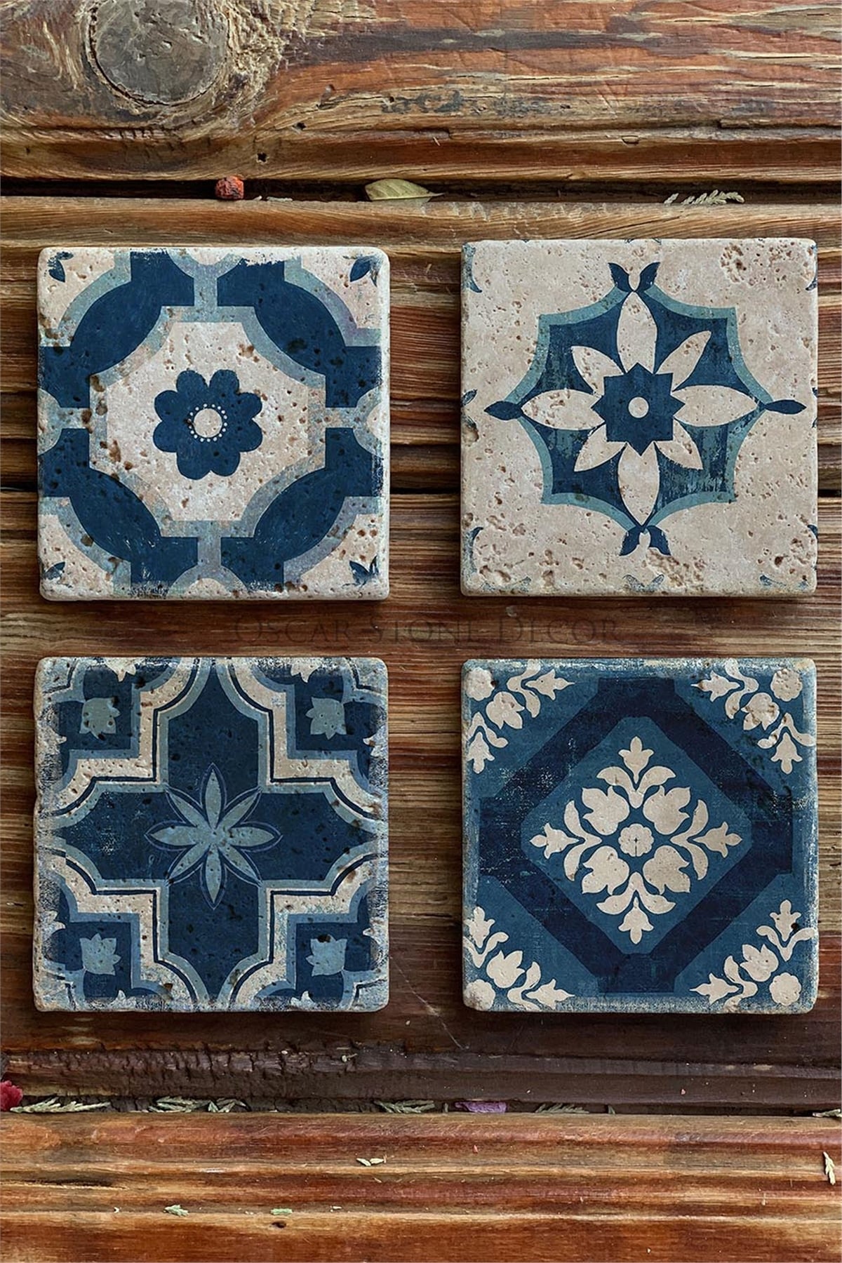 Oscar Stone Decor Baskılı Doğaltaş Bardak Altlığı 4'lü Set Desen Tile