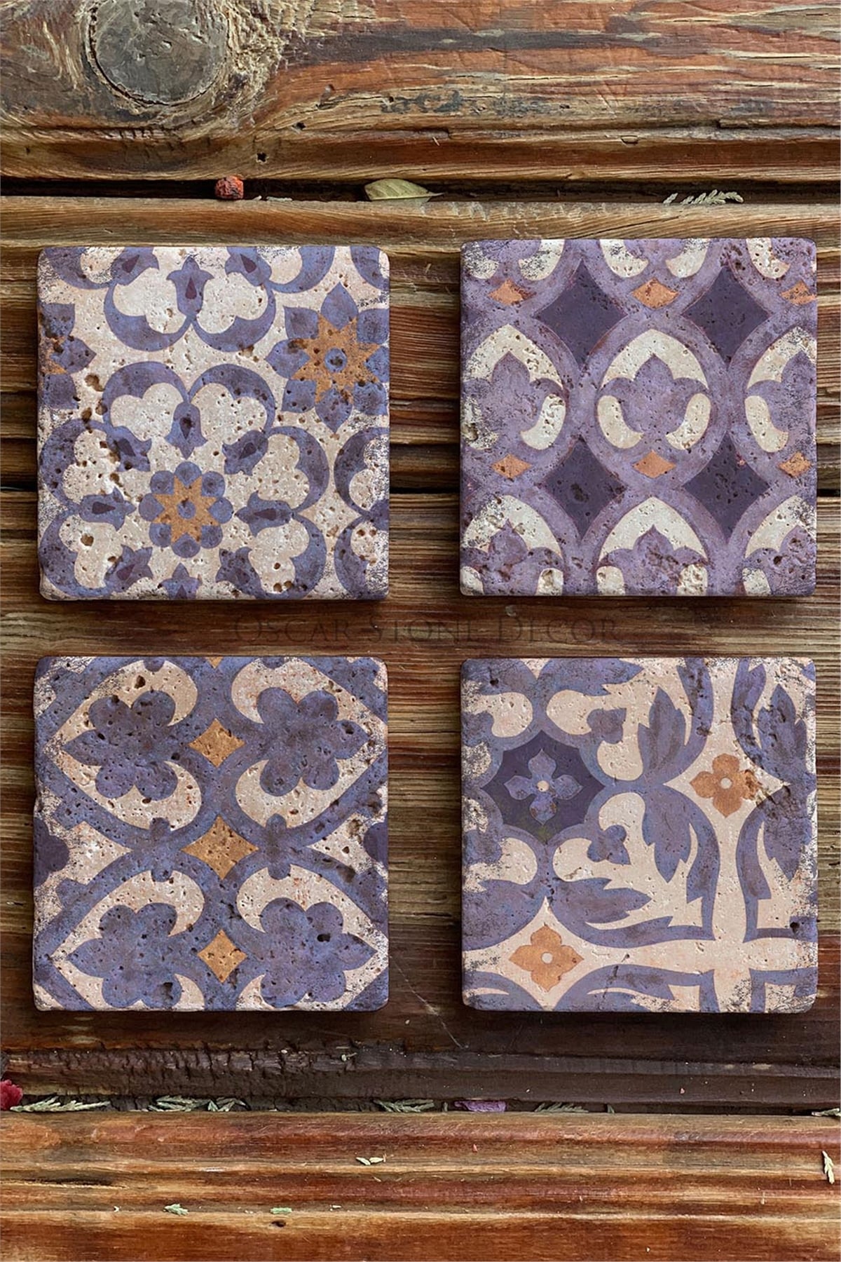Oscar Stone Decor Baskılı Doğaltaş Bardak Altlığı 4'lü Set Desen Tile