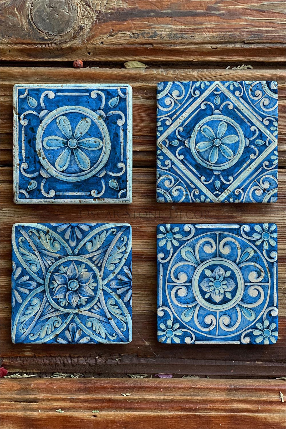 Oscar Stone Decor Baskılı Doğaltaş Bardak Altlığı 4'lü Set Desen Tile