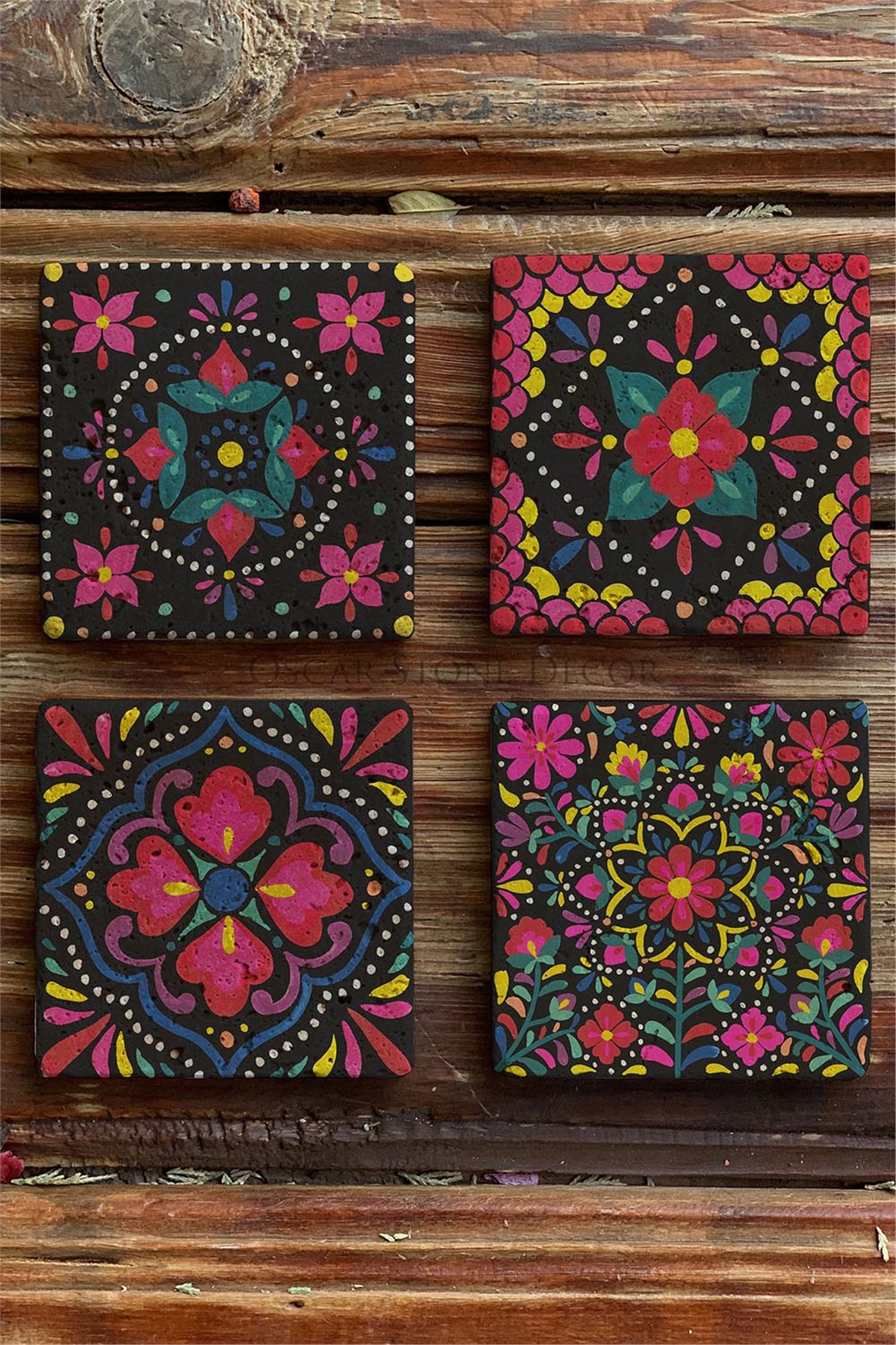 Oscar Stone Decor Baskılı Doğaltaş Bardak Altlığı 4'lü Set Desen Tile