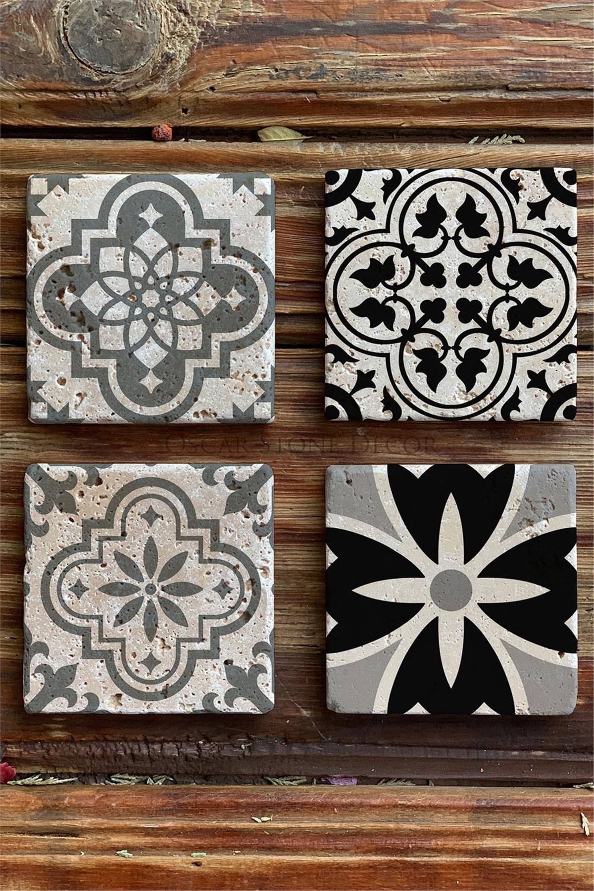 Oscar Stone Decor Baskılı Doğaltaş Bardak Altlığı 4'lü Set Desen Tile