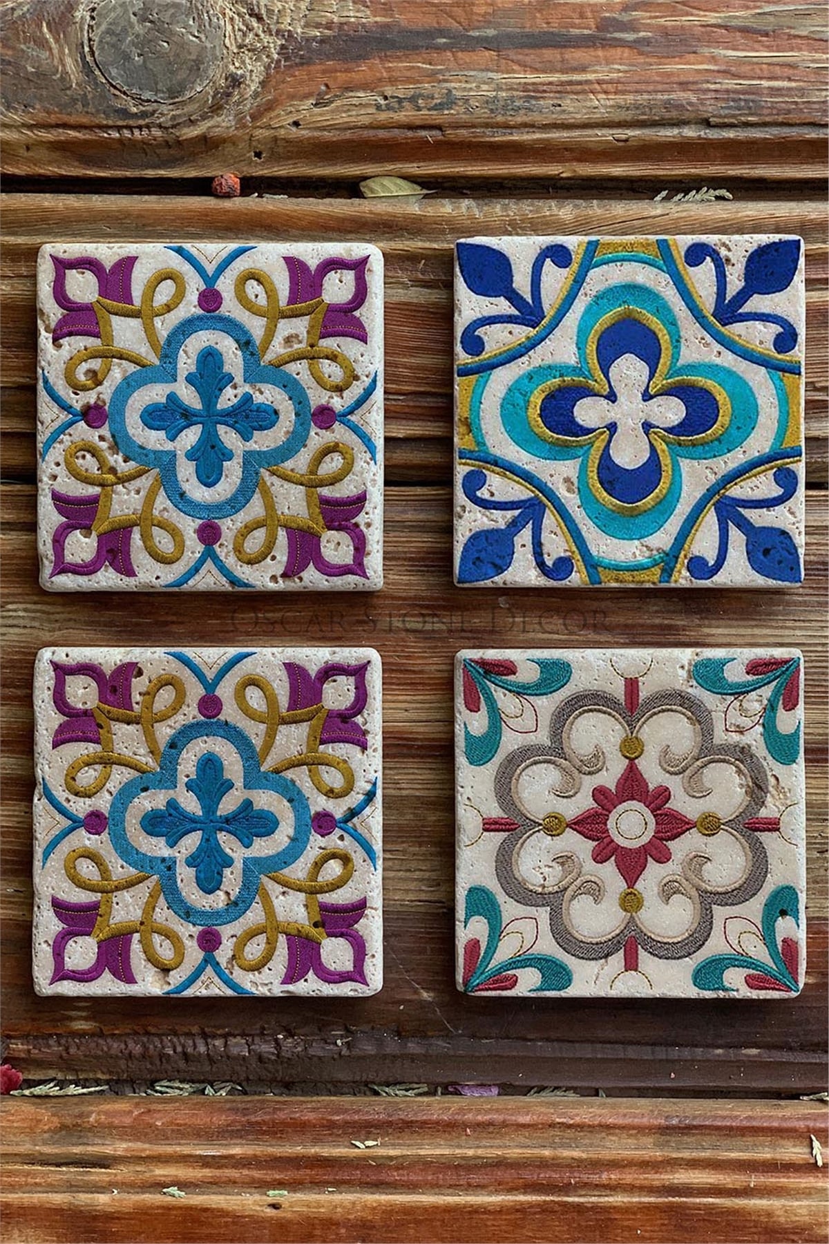 Oscar Stone Decor Baskılı Doğaltaş Bardak Altlığı 4'lü Set Desen Tile