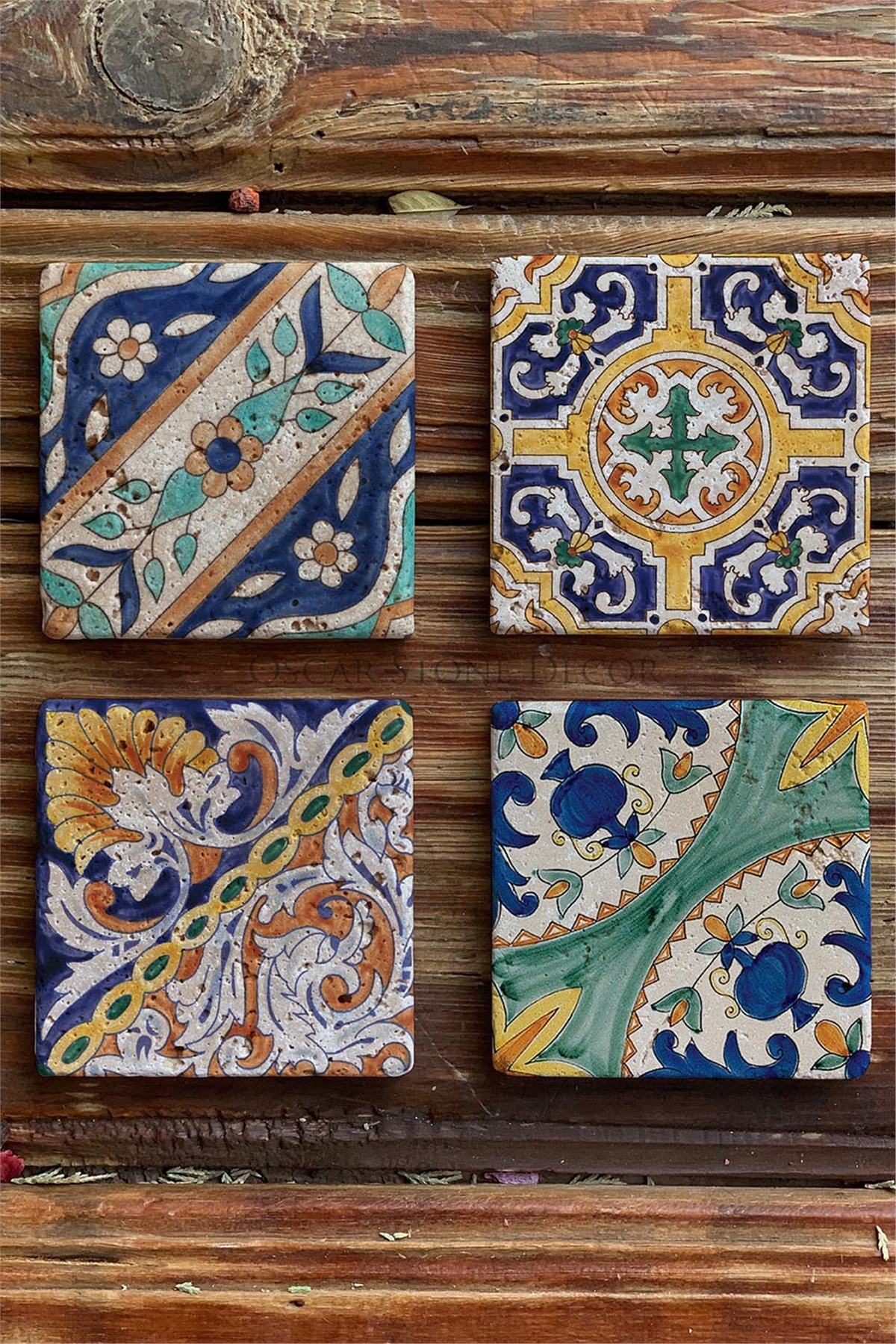 Oscar Stone Decor Baskılı Doğaltaş Bardak Altlığı 4'lü Set Desen Tile