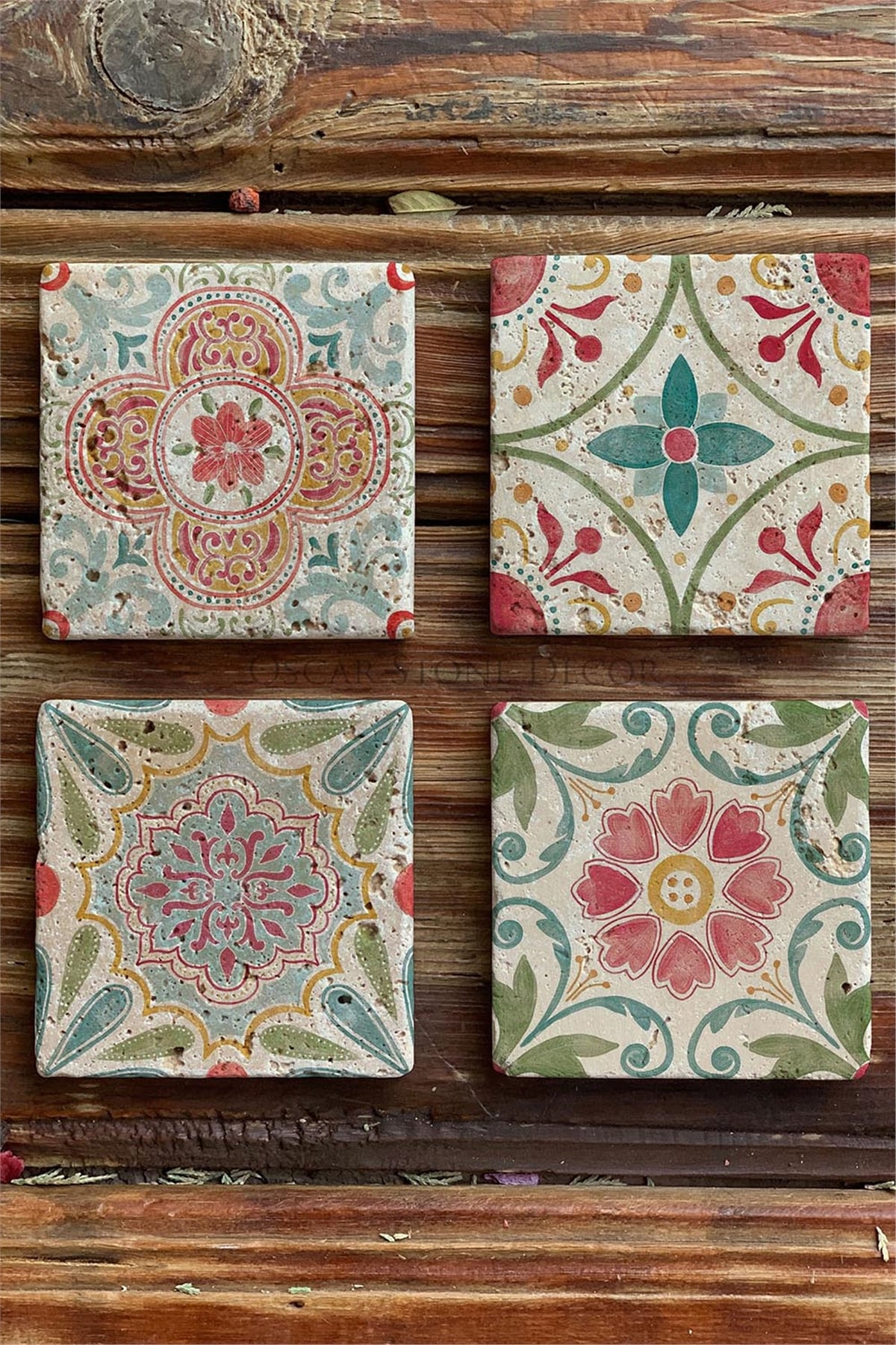 Oscar Stone Decor Baskılı Doğaltaş Bardak Altlığı 4'lü Set Desen Tile
