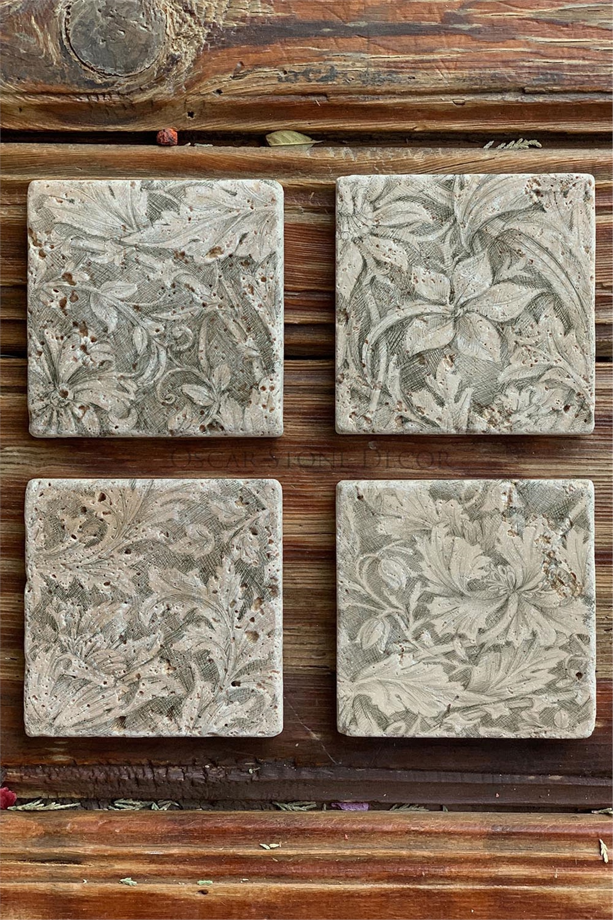 Oscar Stone Decor Baskılı Doğaltaş Bardak Altlığı 4'lü Set Desen Tile