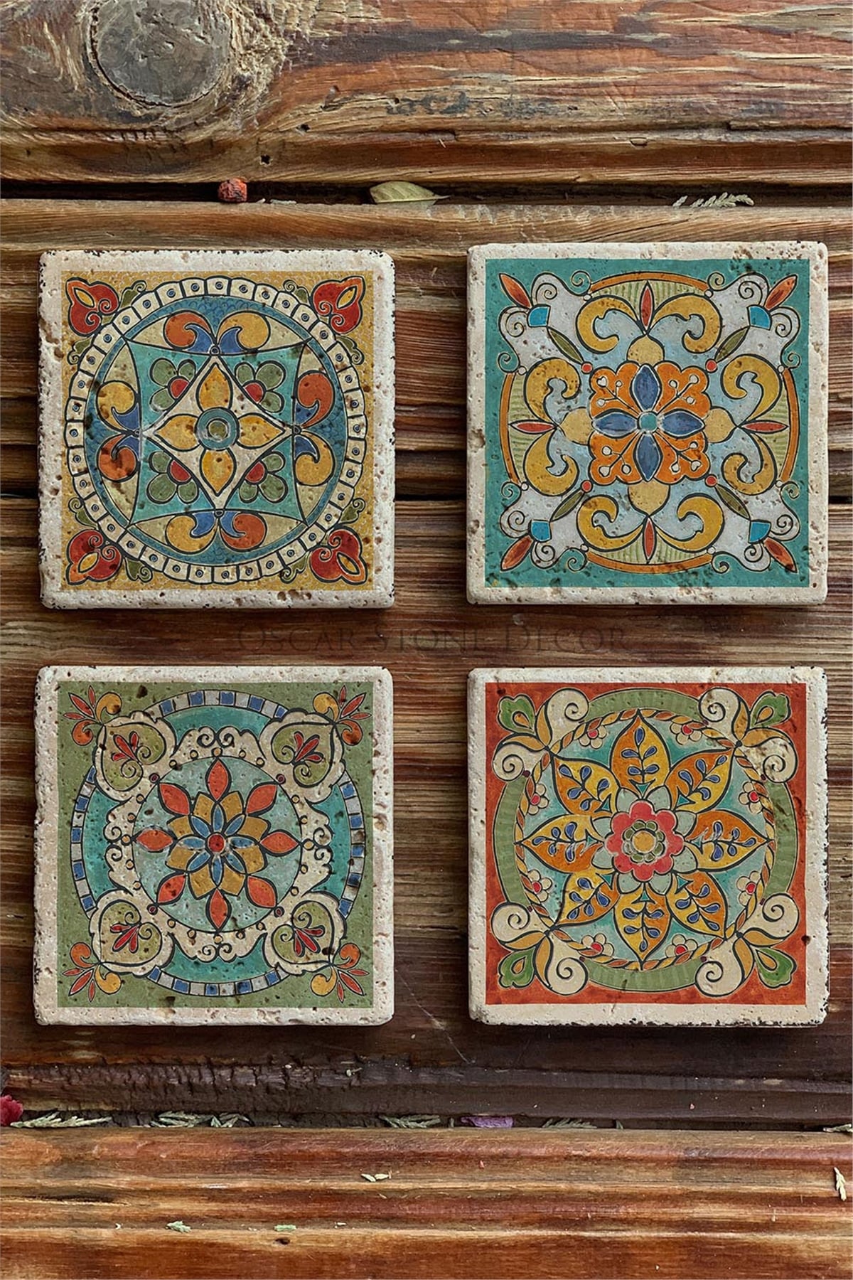 Oscar Stone Decor Baskılı Doğaltaş Bardak Altlığı 4'lü Set Desen Tile