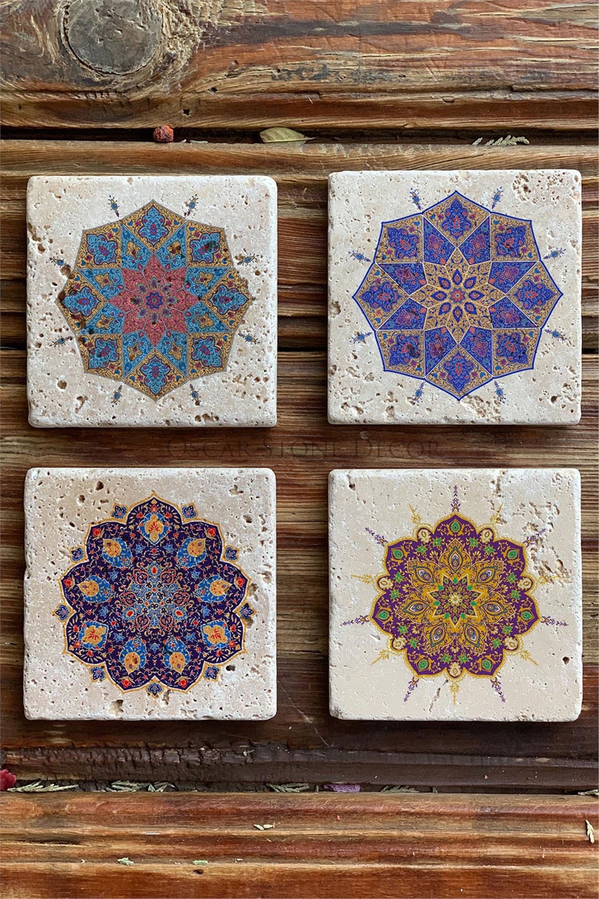 Oscar Stone Decor Baskılı Doğaltaş Bardak Altlığı 4'lü Set Desen Tile