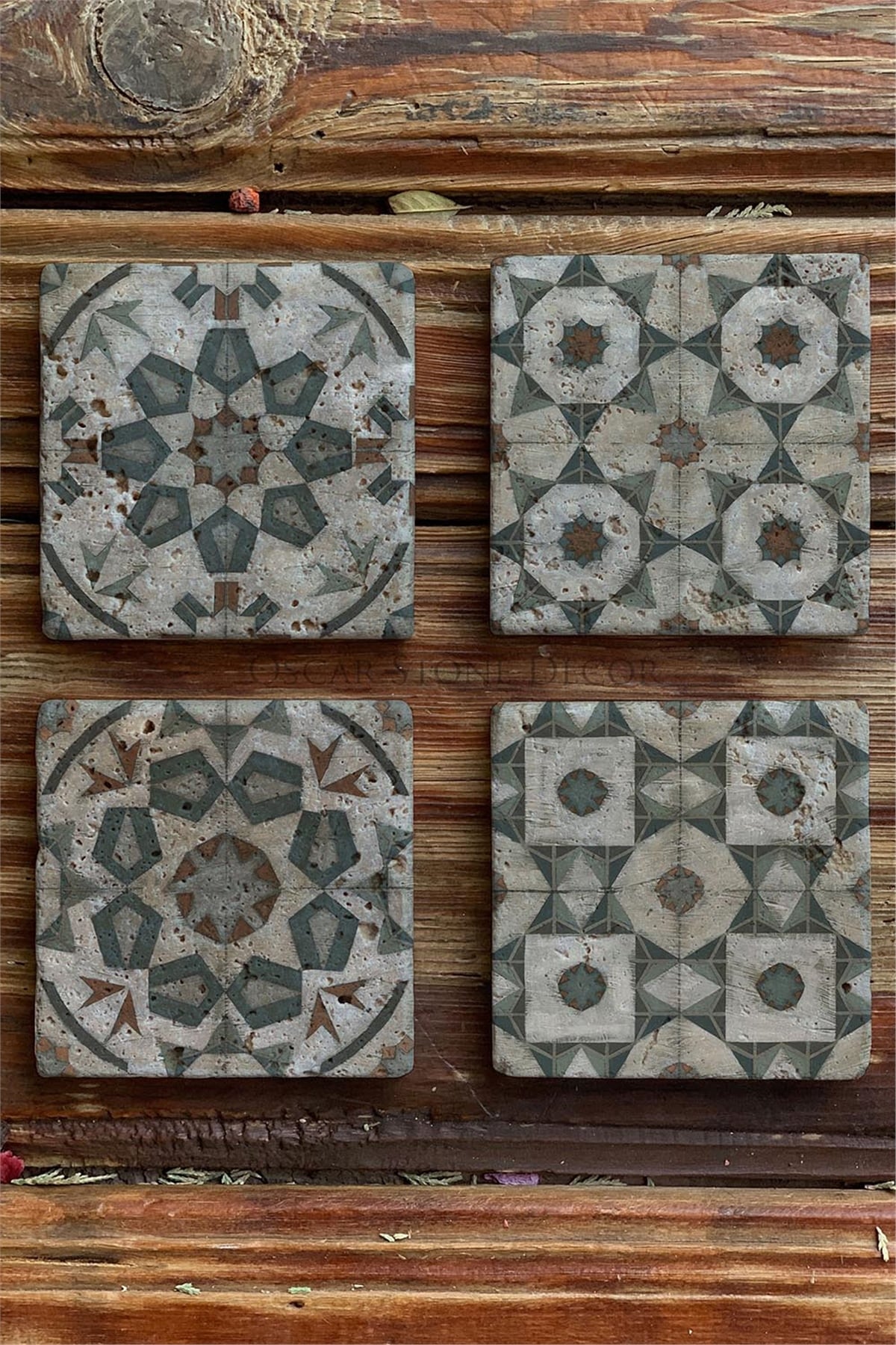 Oscar Stone Decor Baskılı Doğaltaş Bardak Altlığı 4'lü Set Desen Tile