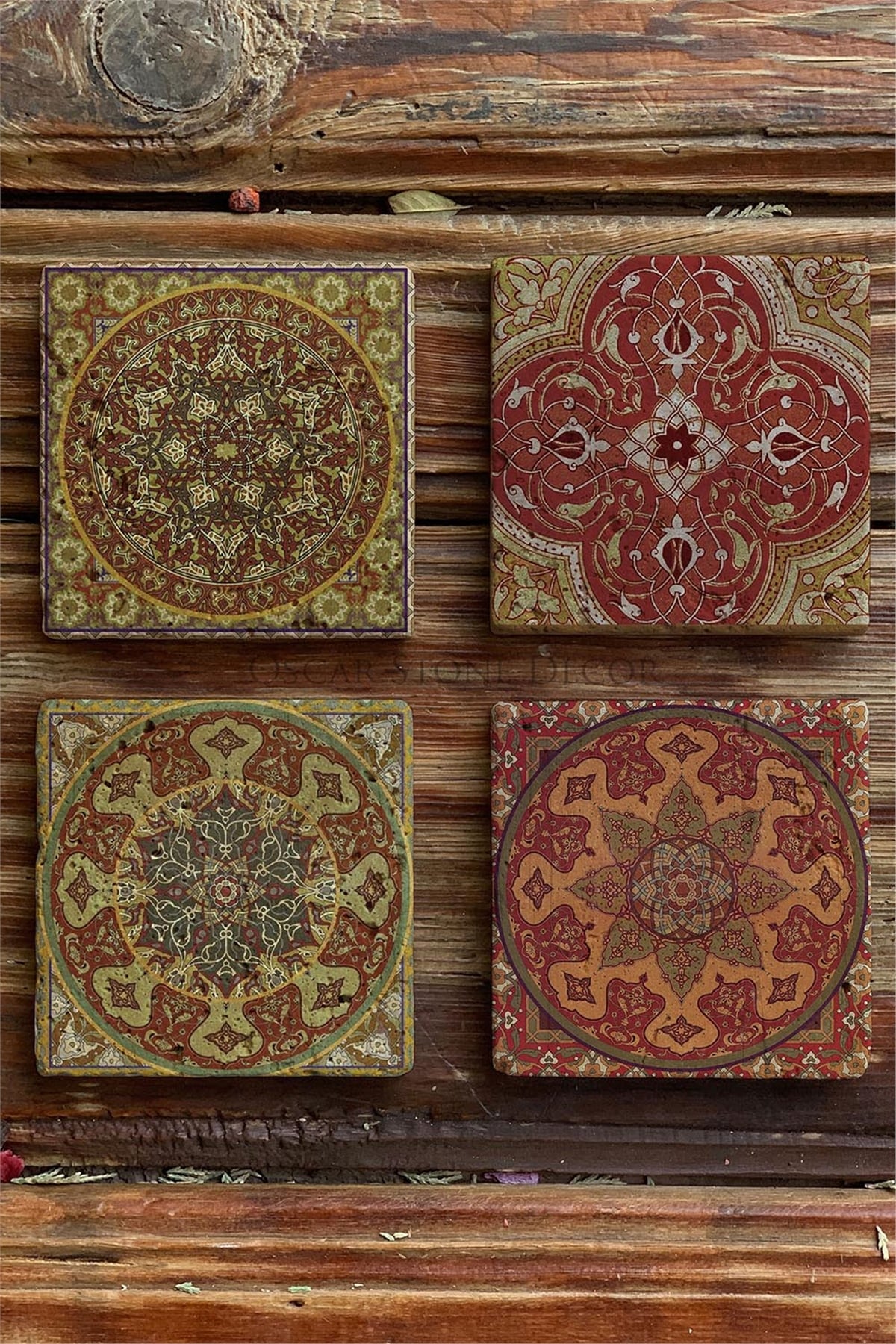Oscar Stone Decor Baskılı Doğaltaş Bardak Altlığı 4'lü Set Desen Tile