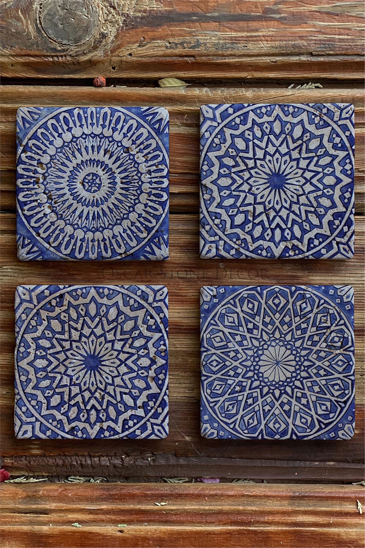 Oscar Stone Decor Baskılı Doğaltaş Bardak Altlığı 4'lü Set Desen Tile