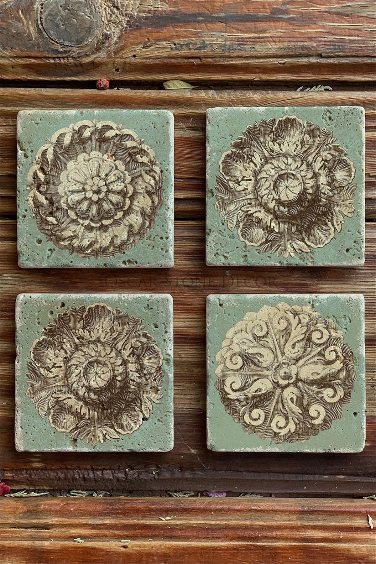 Oscar Stone Decor Baskılı Doğaltaş Bardak Altlığı 4'lü Set Desen Tile