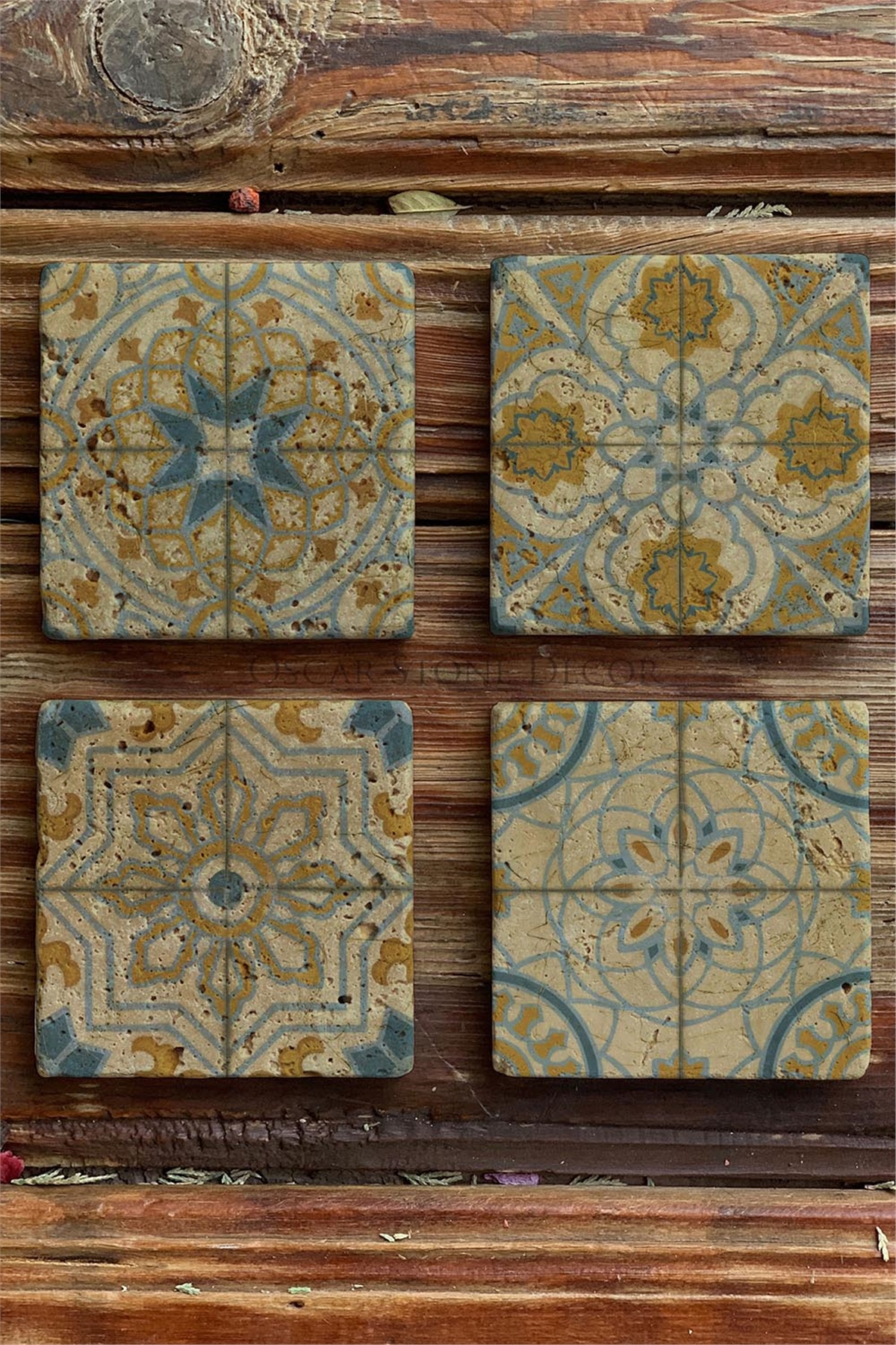 Oscar Stone Decor Baskılı Doğaltaş Bardak Altlığı 4'lü Set Desen Tile