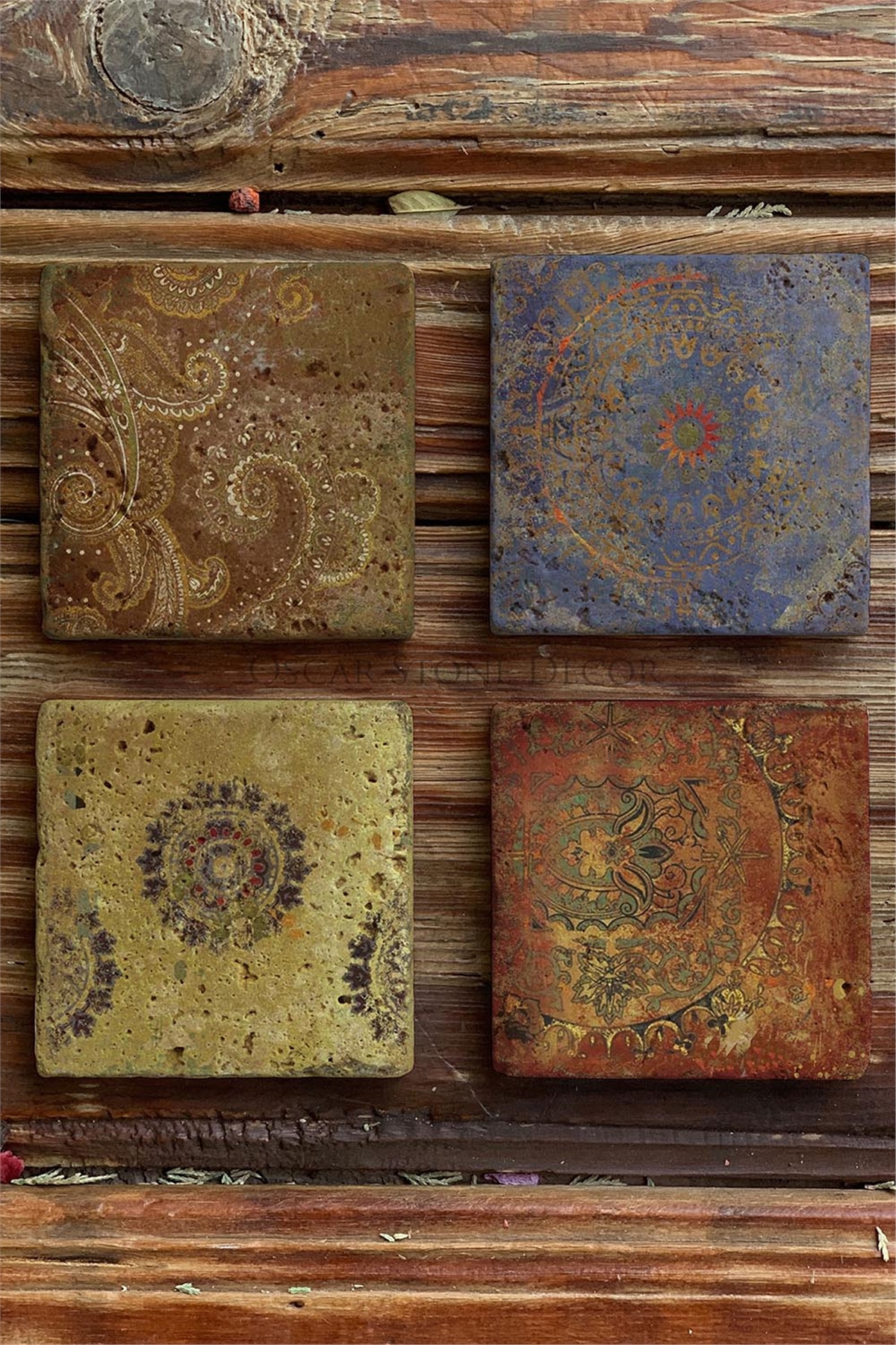 Oscar Stone Decor Baskılı Doğaltaş Bardak Altlığı 4'lü Set Desen Tile