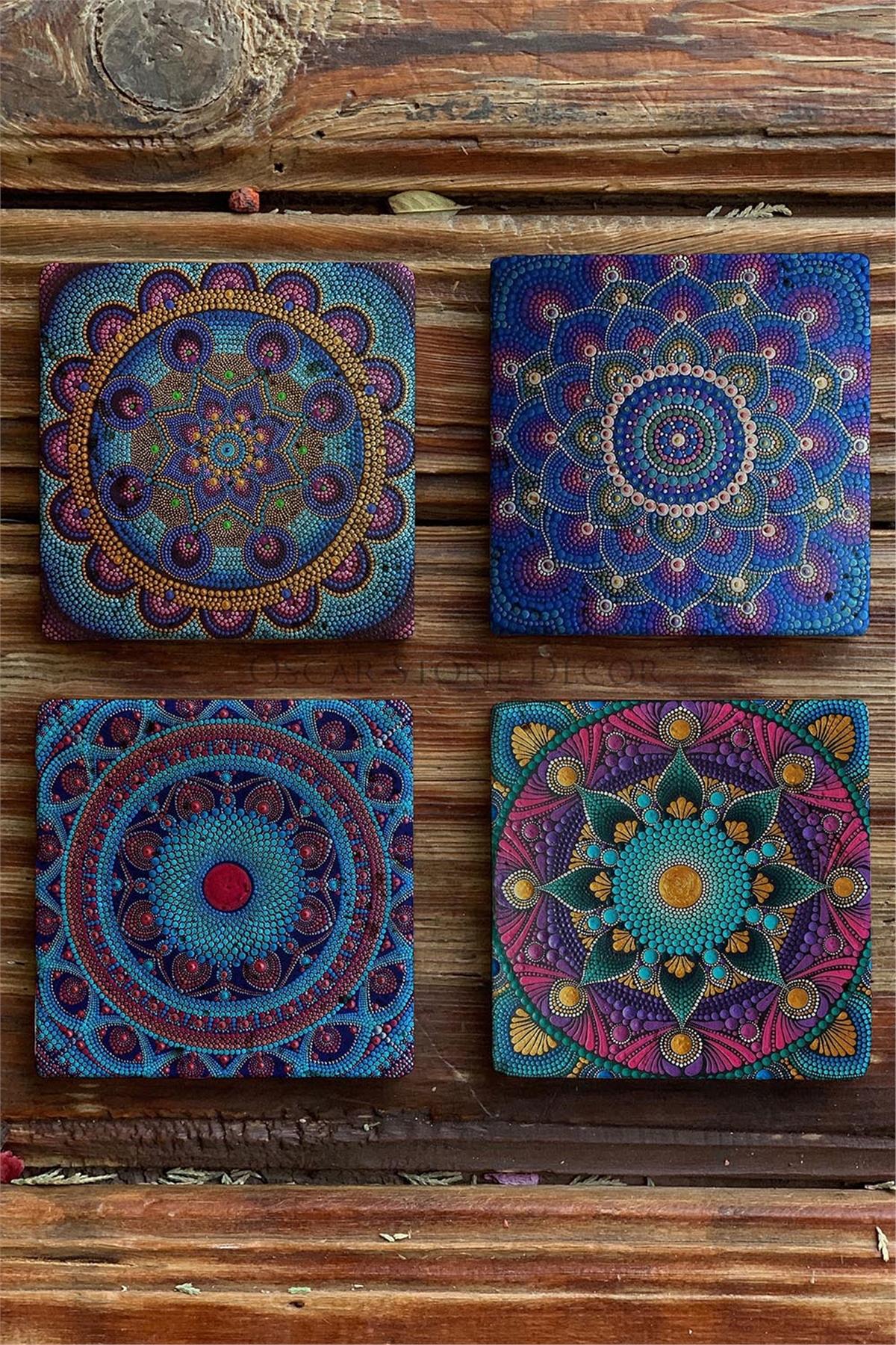 Oscar Stone Decor Baskılı Doğaltaş Bardak Altlığı 4'lü Set Desen Tile