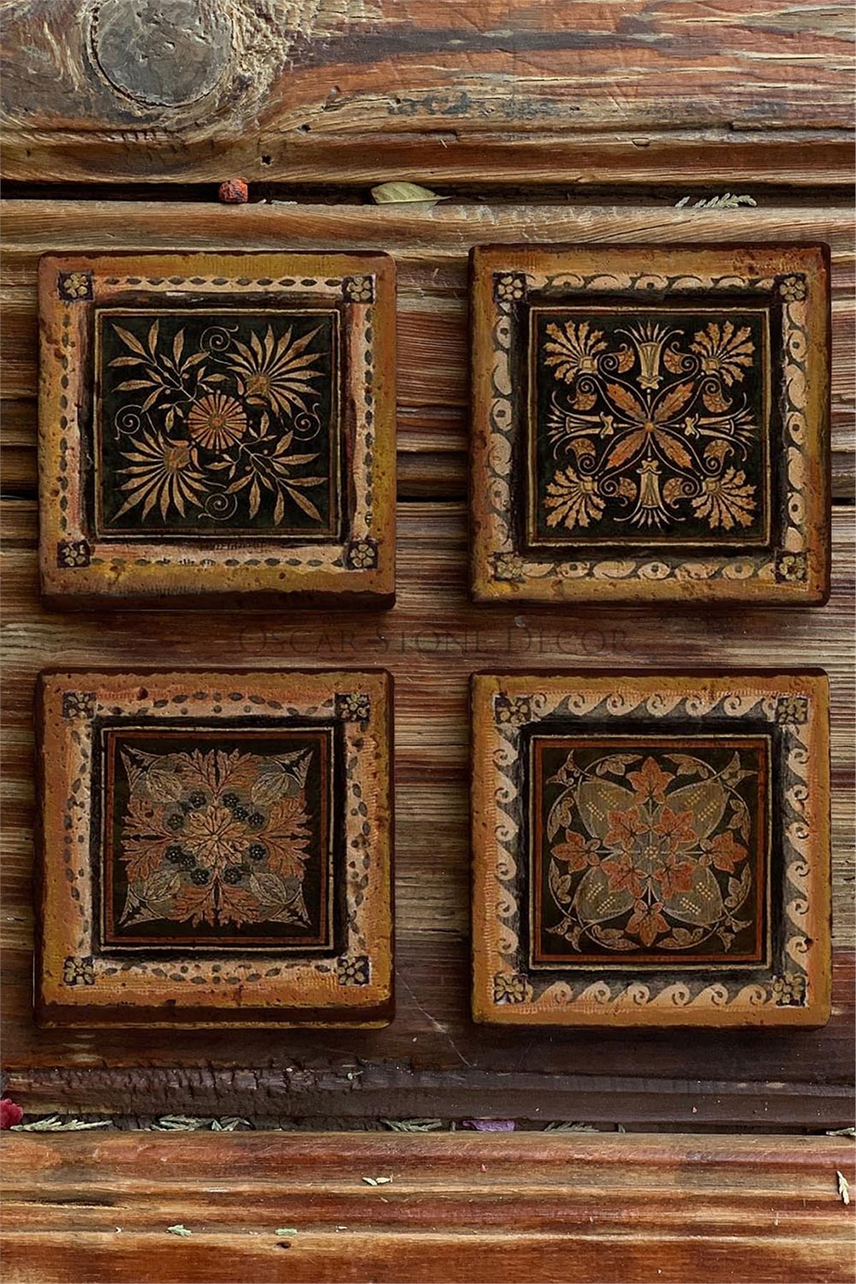 Oscar Stone Decor Baskılı Doğaltaş Bardak Altlığı 4'lü Set Desen Tile