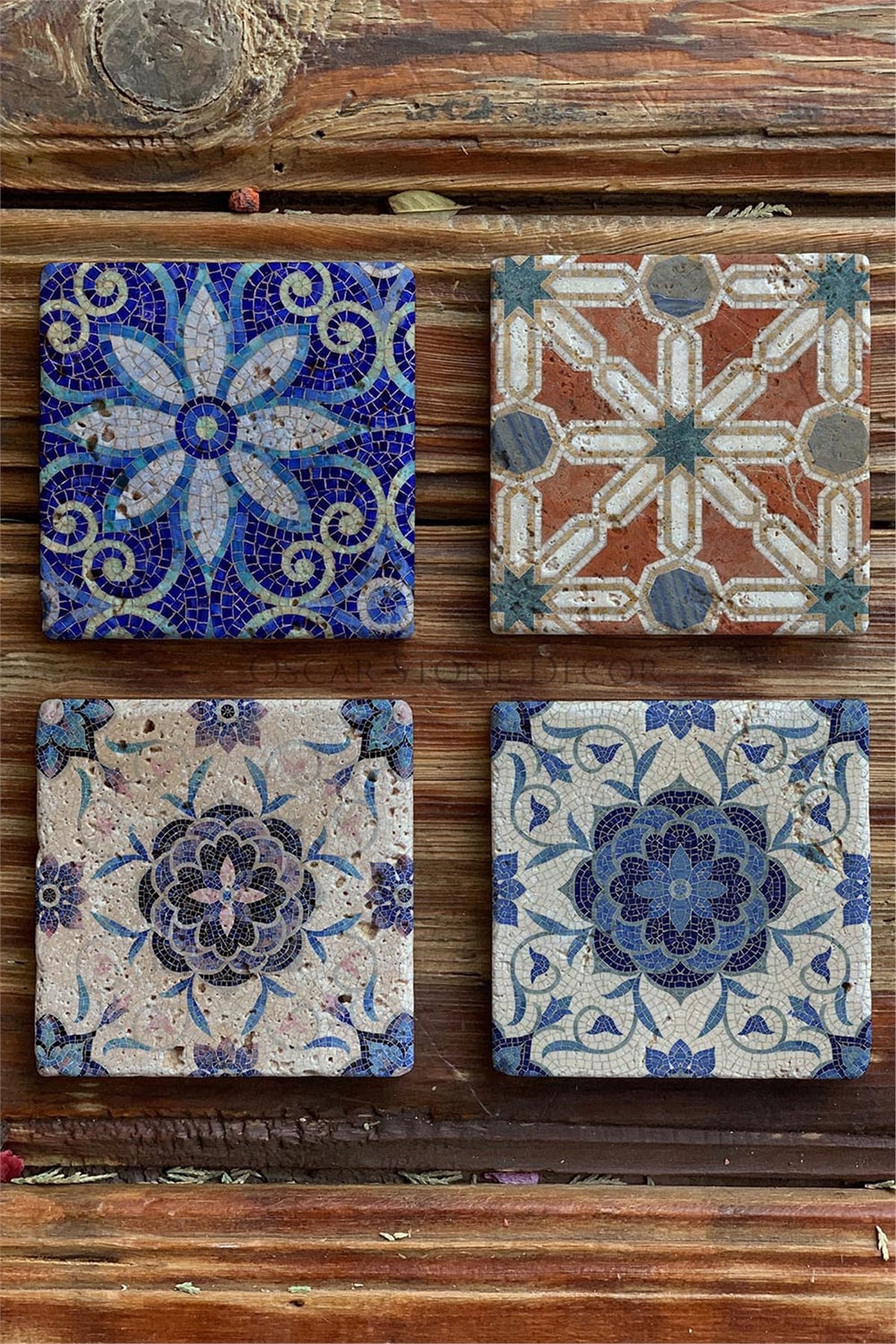Oscar Stone Decor Baskılı Doğaltaş Bardak Altlığı 4'lü Set Desen Tile