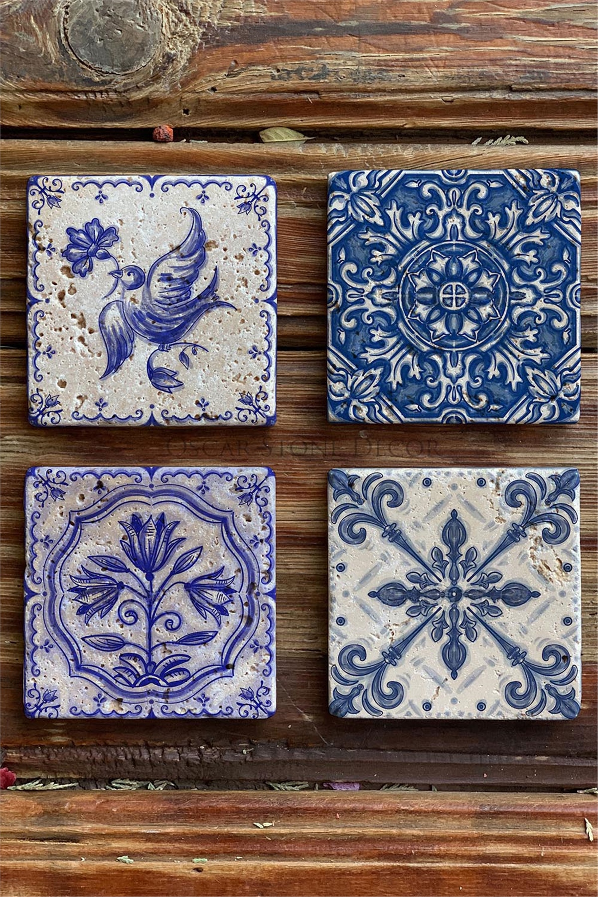 Oscar Stone Decor Baskılı Doğaltaş Bardak Altlığı 4'lü Set Desen Tile