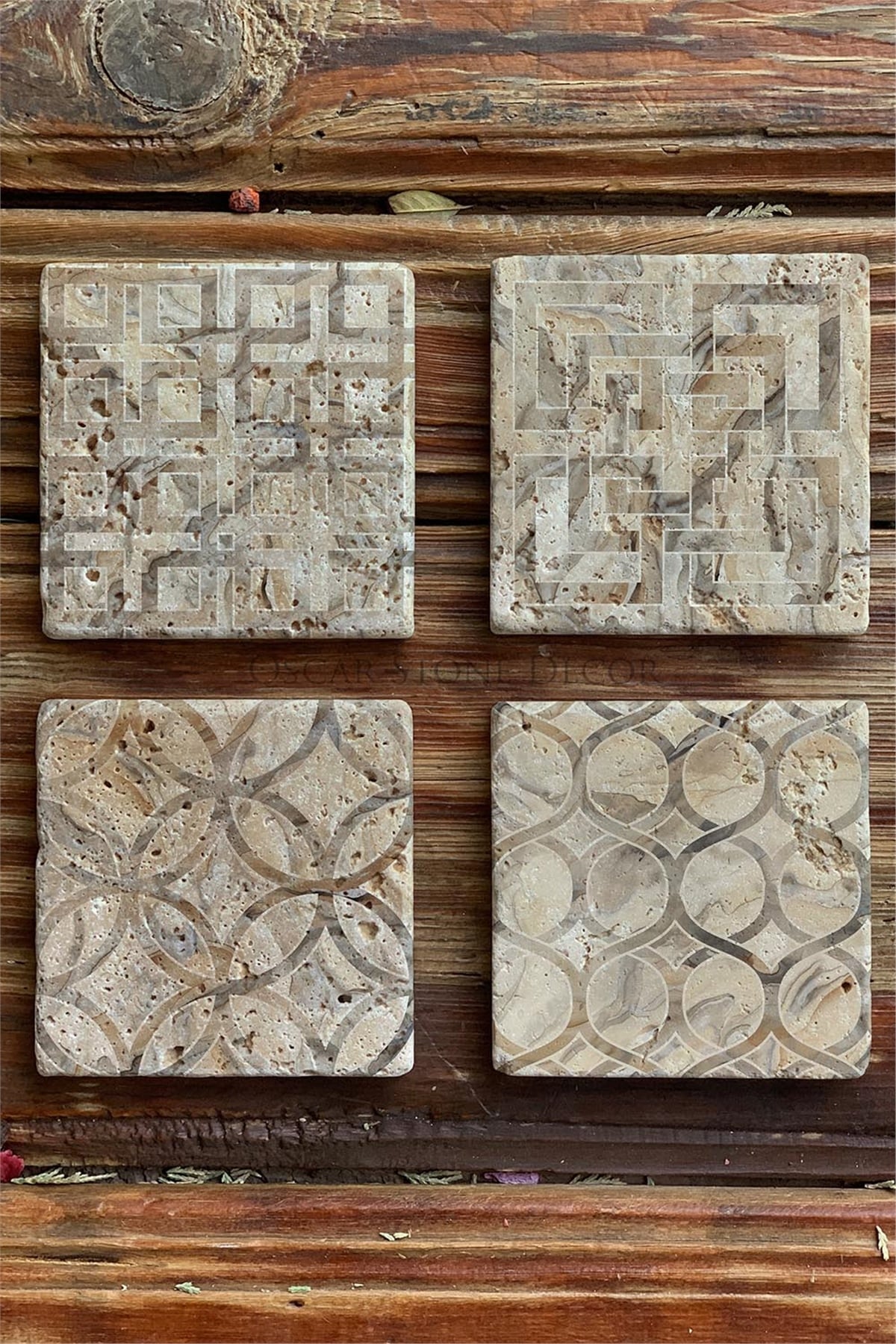 Oscar Stone Decor Baskılı Doğaltaş Bardak Altlığı 4'lü Set Desen Tile