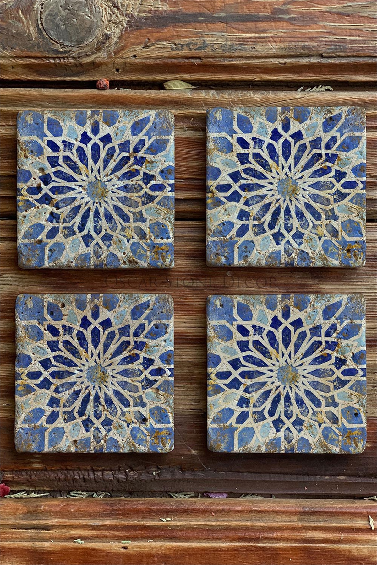 Oscar Stone Decor Baskılı Doğaltaş Bardak Altlığı 4'lü Set Desen Tile
