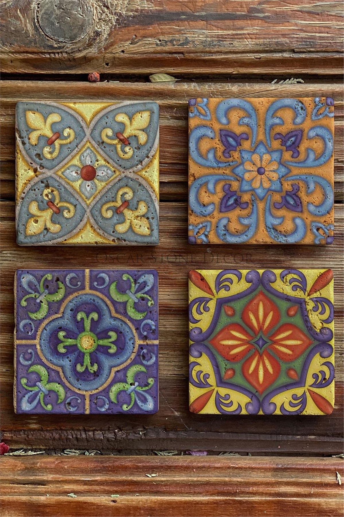 Oscar Stone Decor Baskılı Doğaltaş Bardak Altlığı 4'lü Set Desen Tile