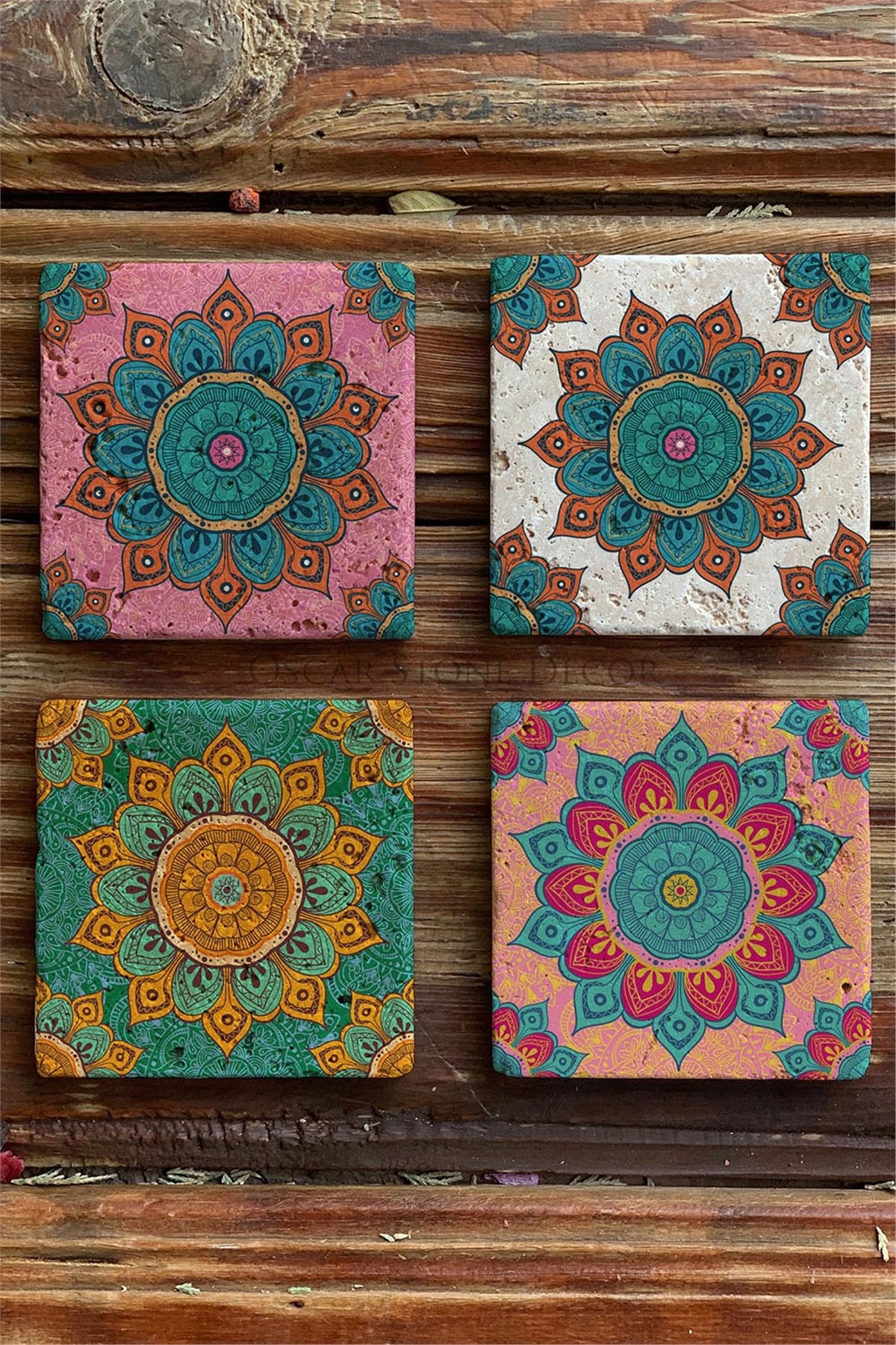 Oscar Stone Decor Baskılı Doğaltaş Bardak Altlığı 4'lü Set Desen Tile
