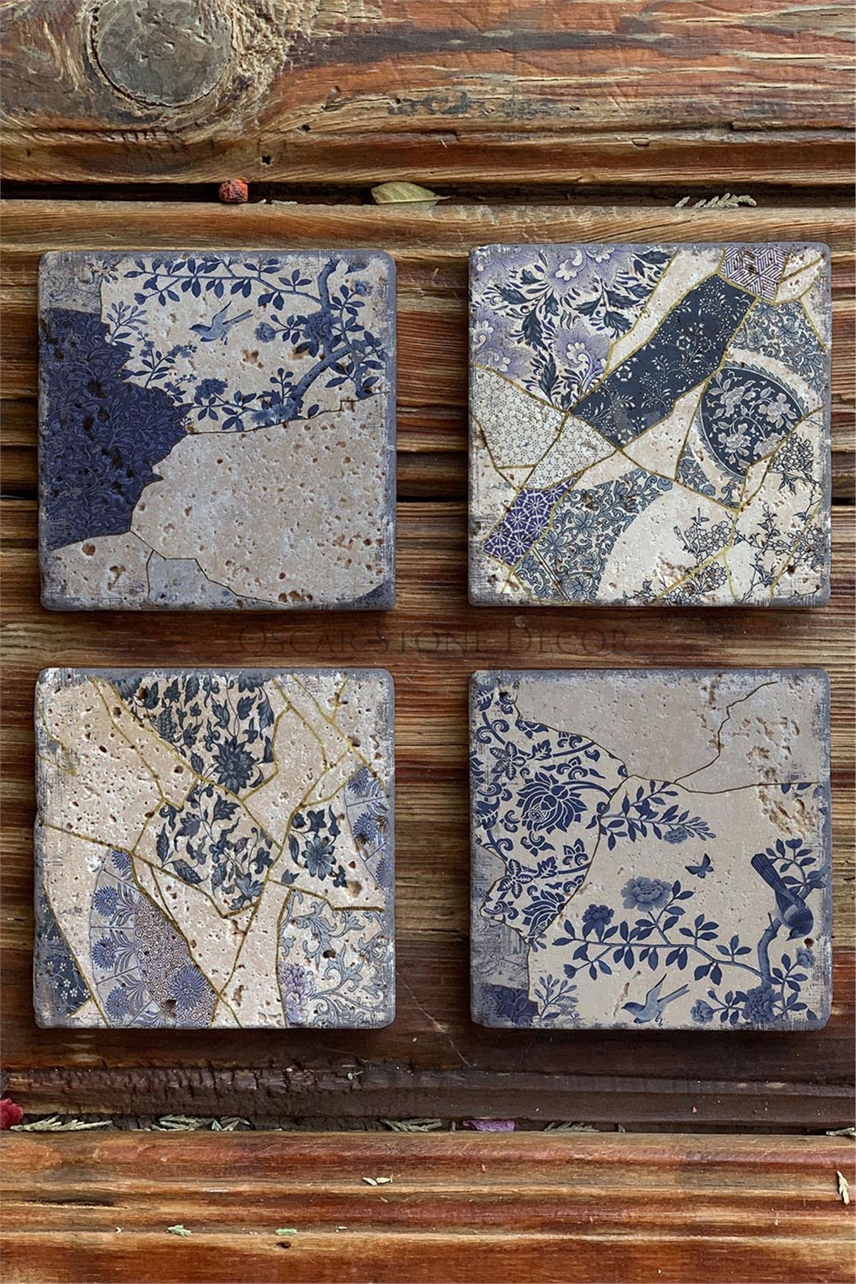 Oscar Stone Decor Baskılı Doğaltaş Bardak Altlığı 4'lü Set Desen Tile