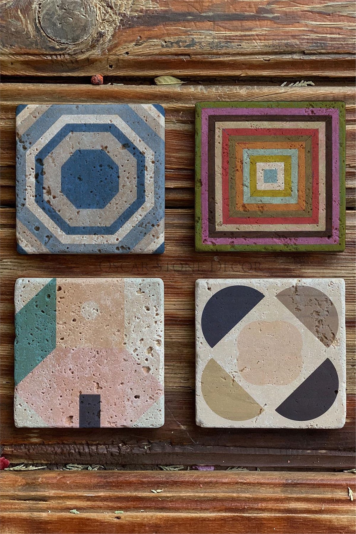 Oscar Stone Decor Baskılı Doğaltaş Bardak Altlığı 4'lü Set Desen Tile