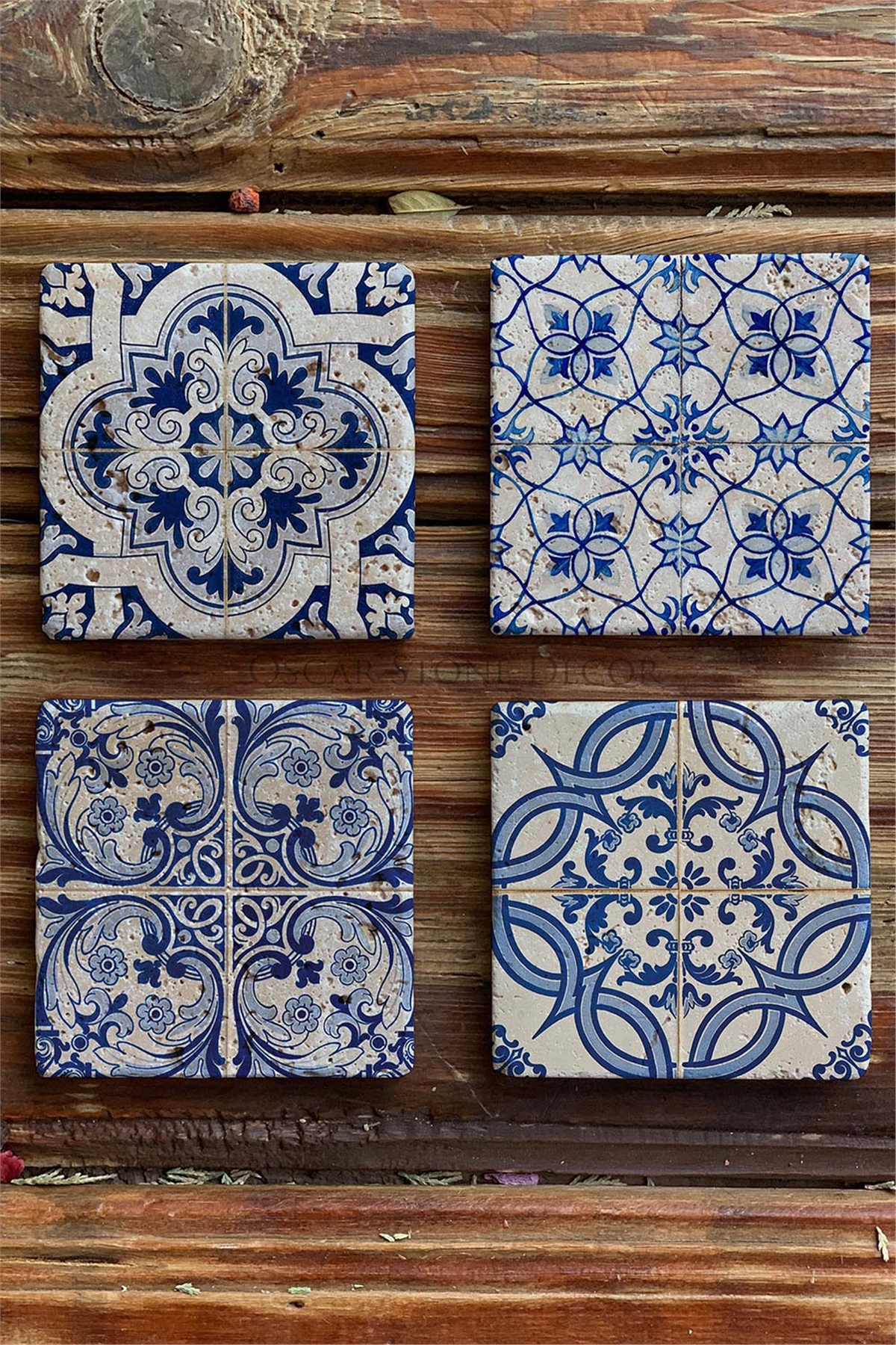Oscar Stone Decor Baskılı Doğaltaş Bardak Altlığı 4'lü Set Desen Tile