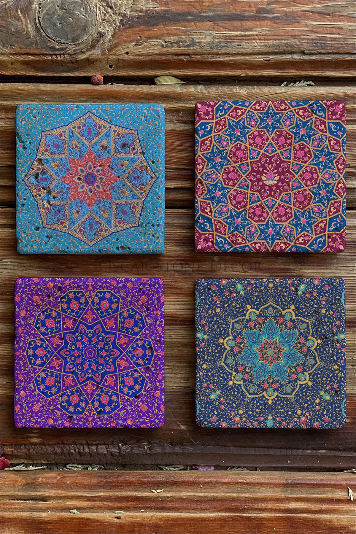 Oscar Stone Decor Baskılı Doğaltaş Bardak Altlığı 4'lü Set Desen Tile