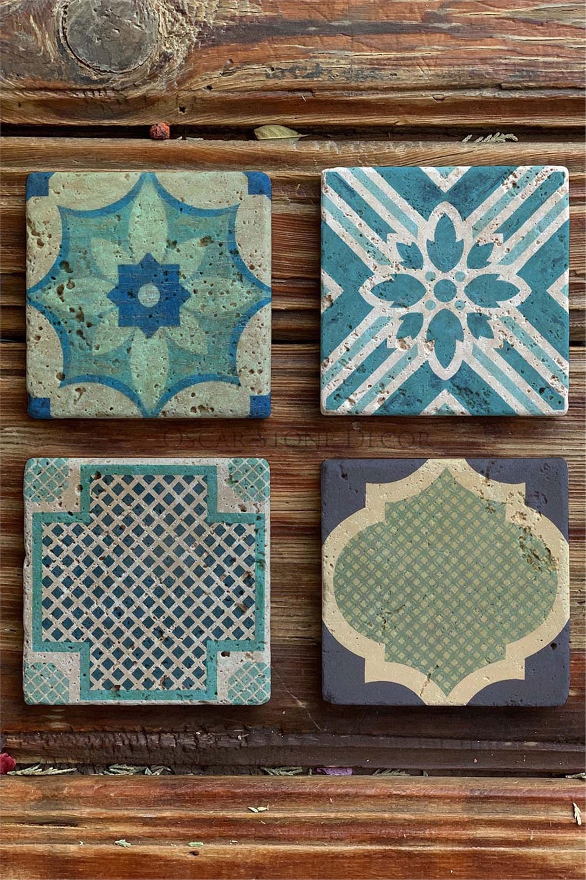 Oscar Stone Decor Baskılı Doğaltaş Bardak Altlığı 4'lü Set Desen Tile