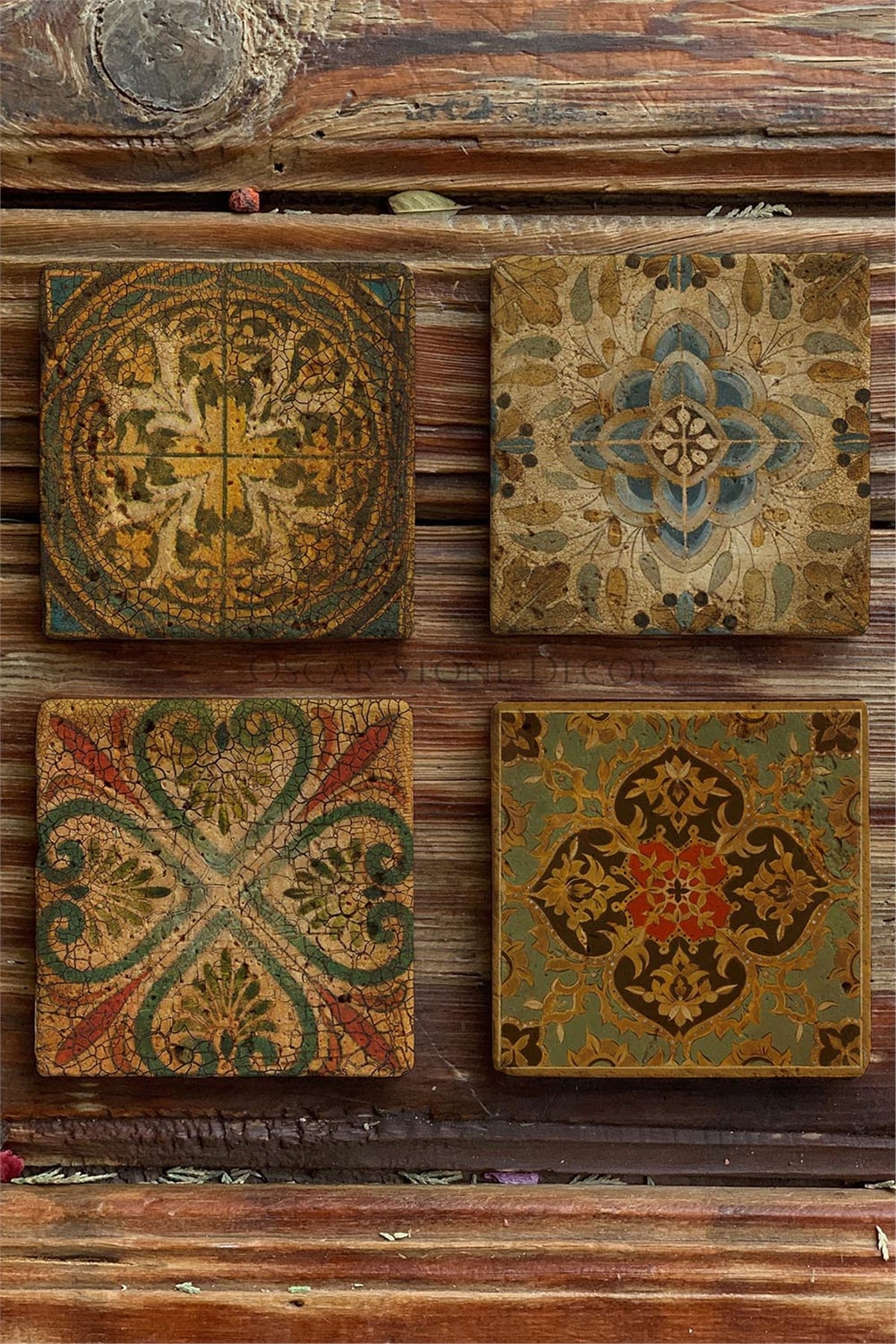 Oscar Stone Decor Baskılı Doğaltaş Bardak Altlığı 4'lü Set Desen Tile