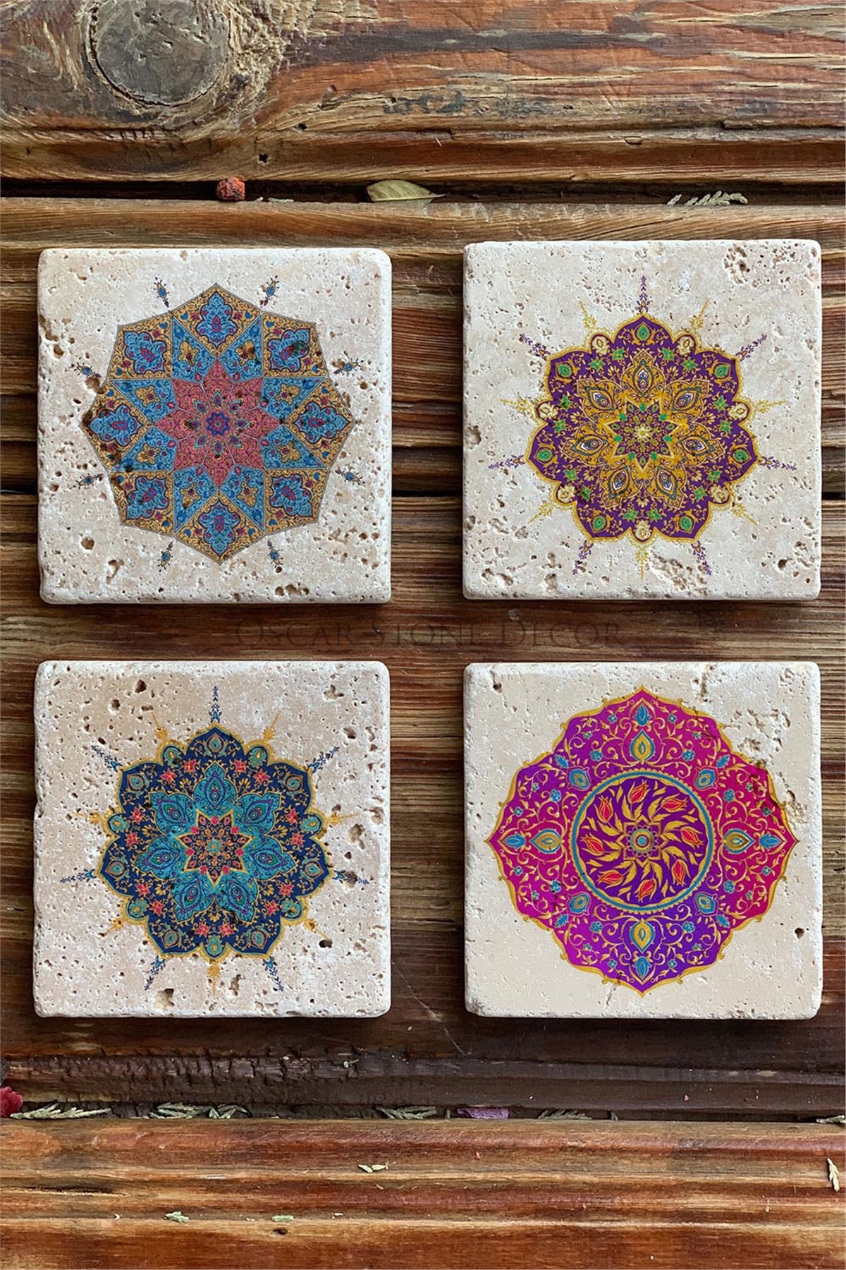 Oscar Stone Decor Baskılı Doğaltaş Bardak Altlığı 4'lü Set Desen Tile