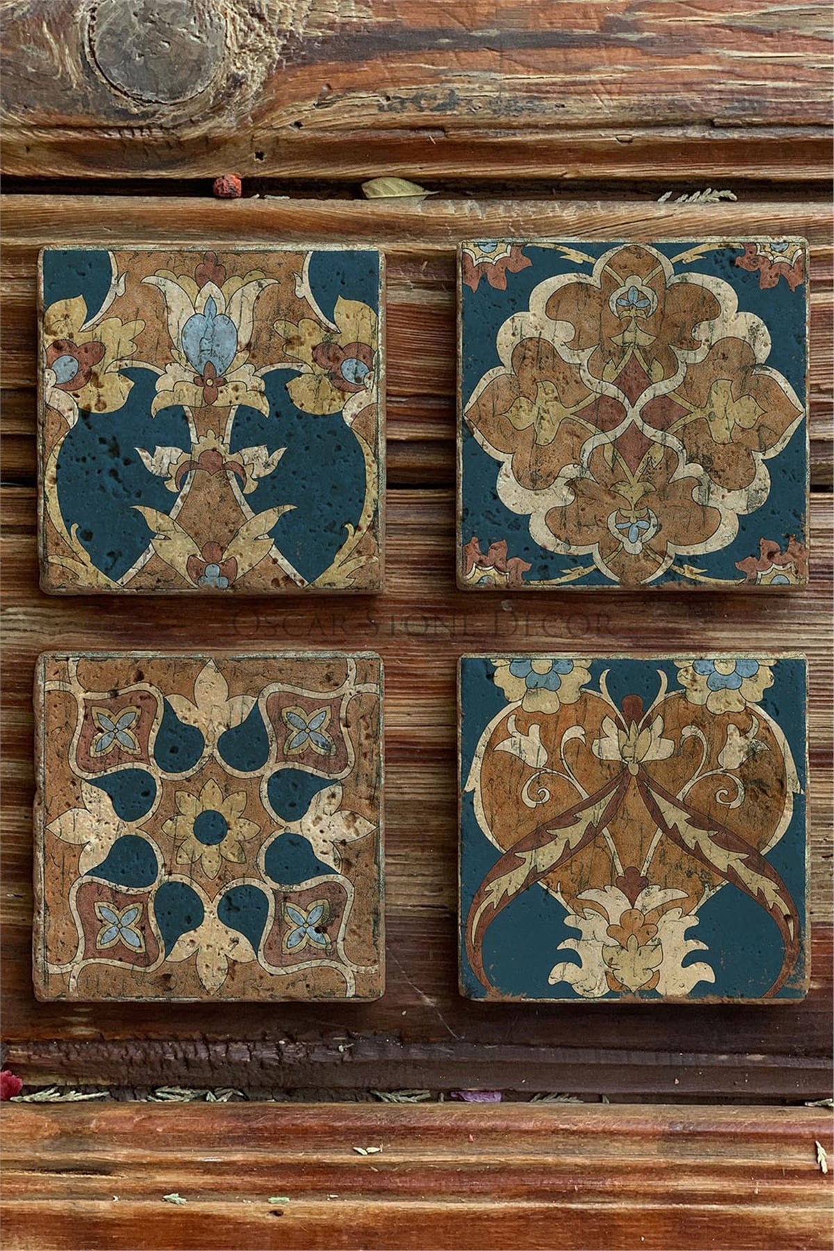 Oscar Stone Decor Baskılı Doğaltaş Bardak Altlığı 4'lü Set Desen Tile