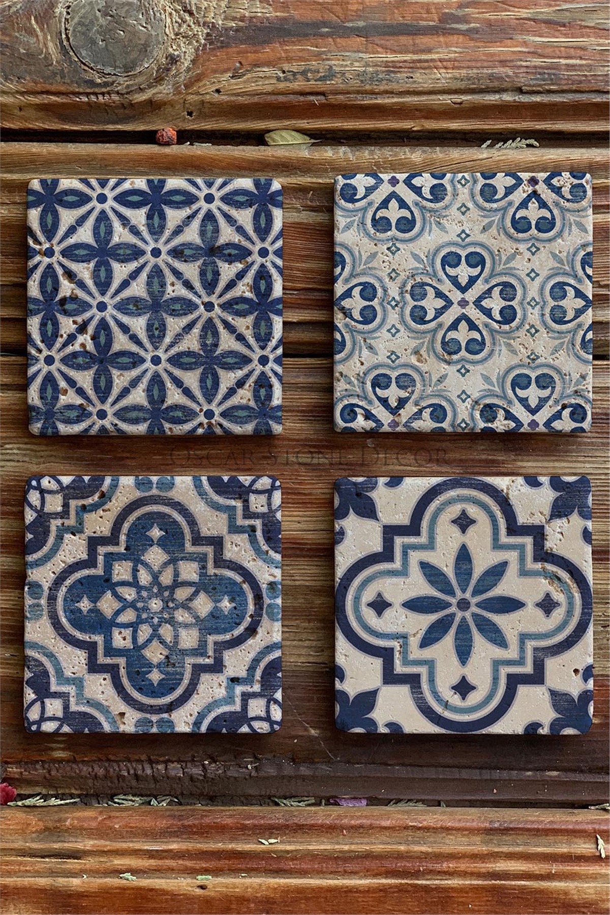 Oscar Stone Decor Baskılı Doğaltaş Bardak Altlığı 4'lü Set Desen Tile