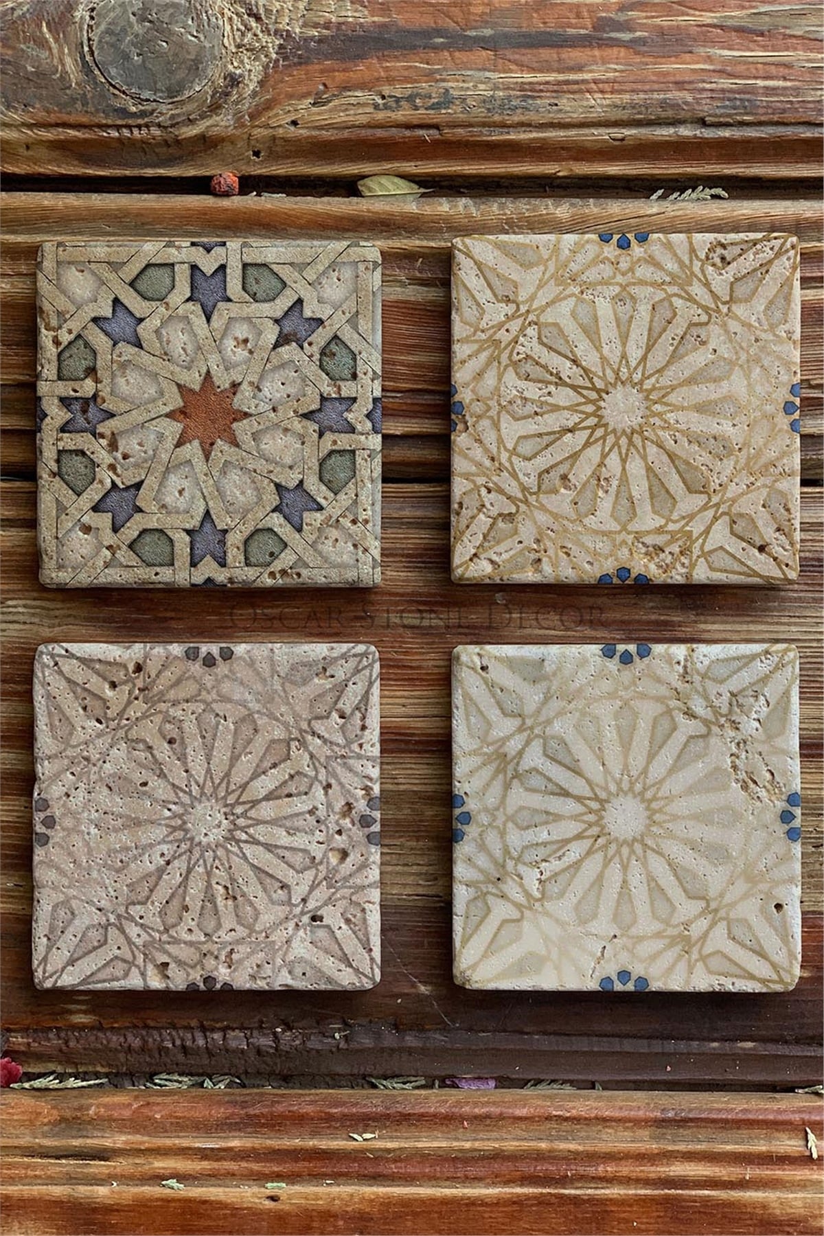 Oscar Stone Decor Baskılı Doğaltaş Bardak Altlığı 4'lü Set Desen Tile
