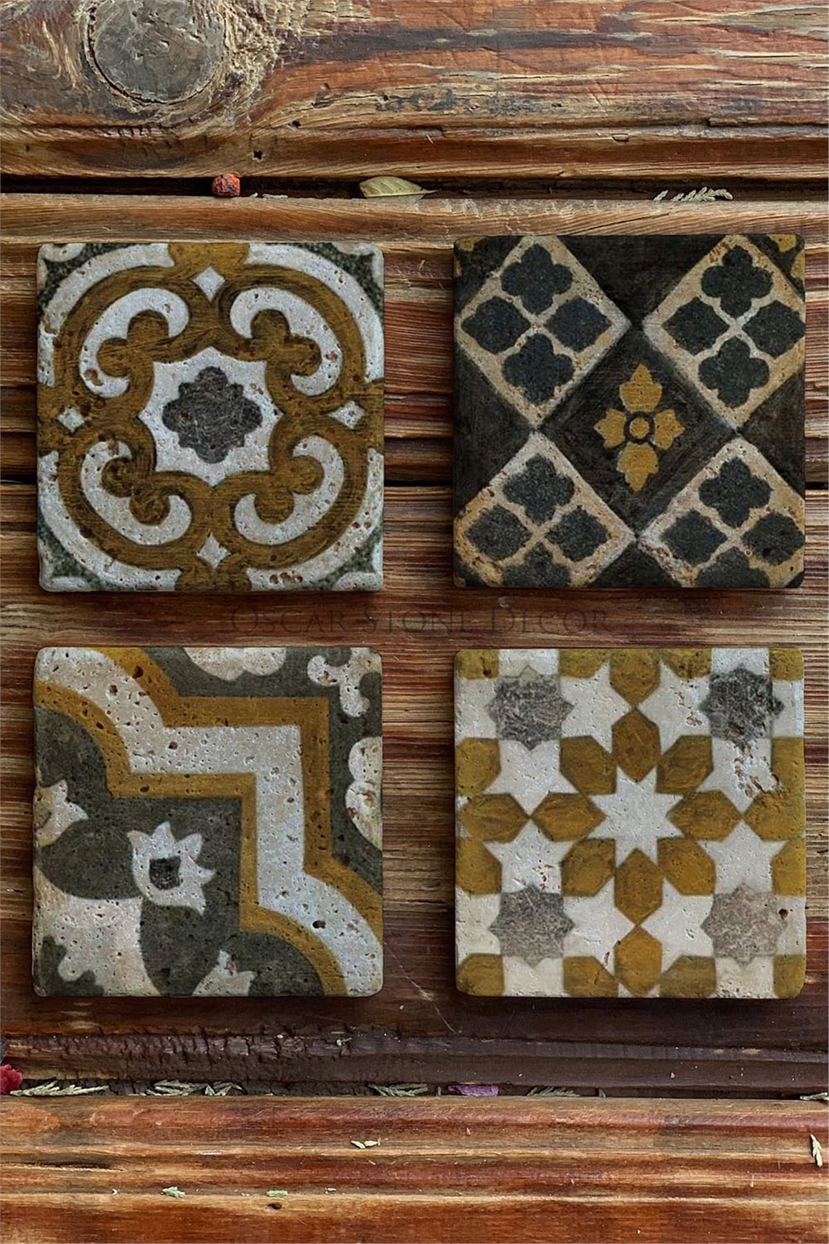 Oscar Stone Decor Baskılı Doğaltaş Bardak Altlığı 4'lü Set Desen Tile