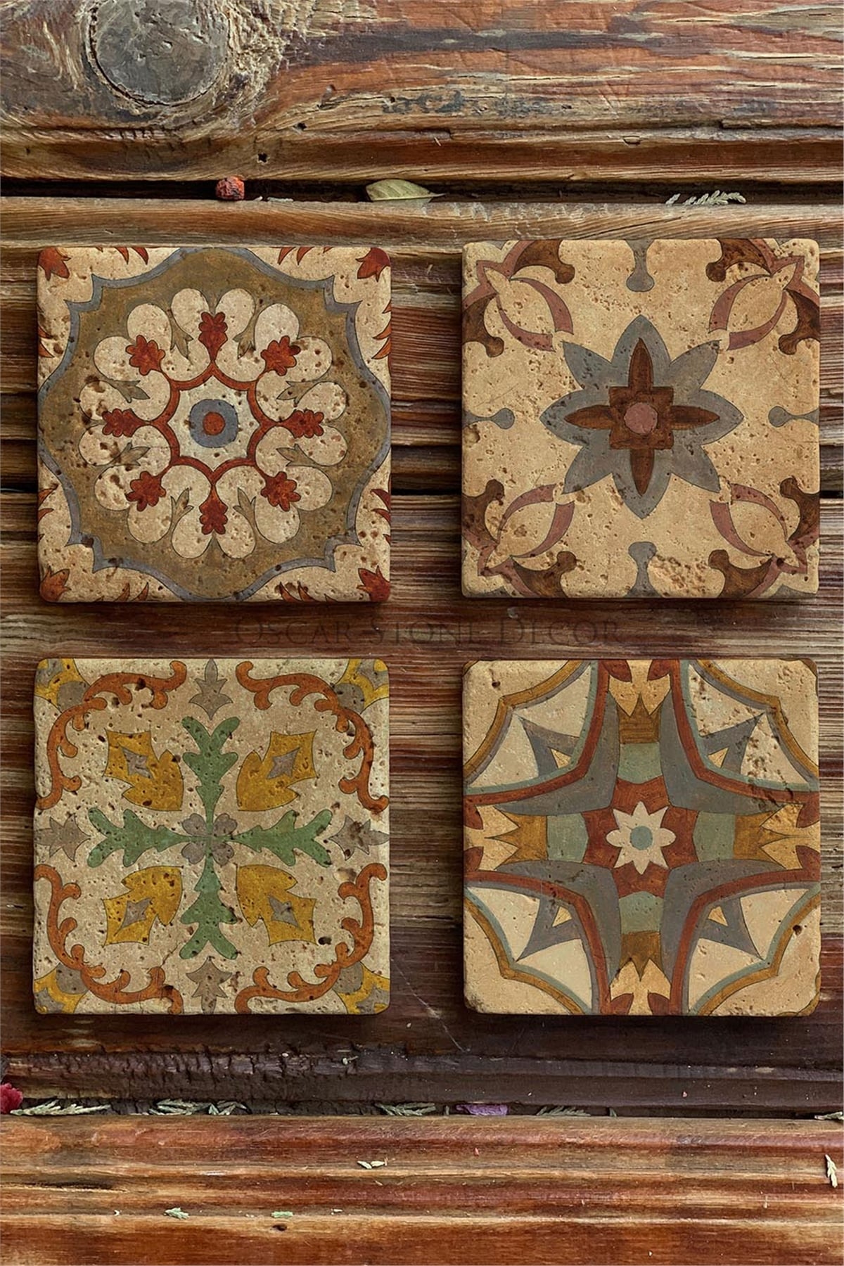 Oscar Stone Decor Baskılı Doğaltaş Bardak Altlığı 4'lü Set Desen Tile