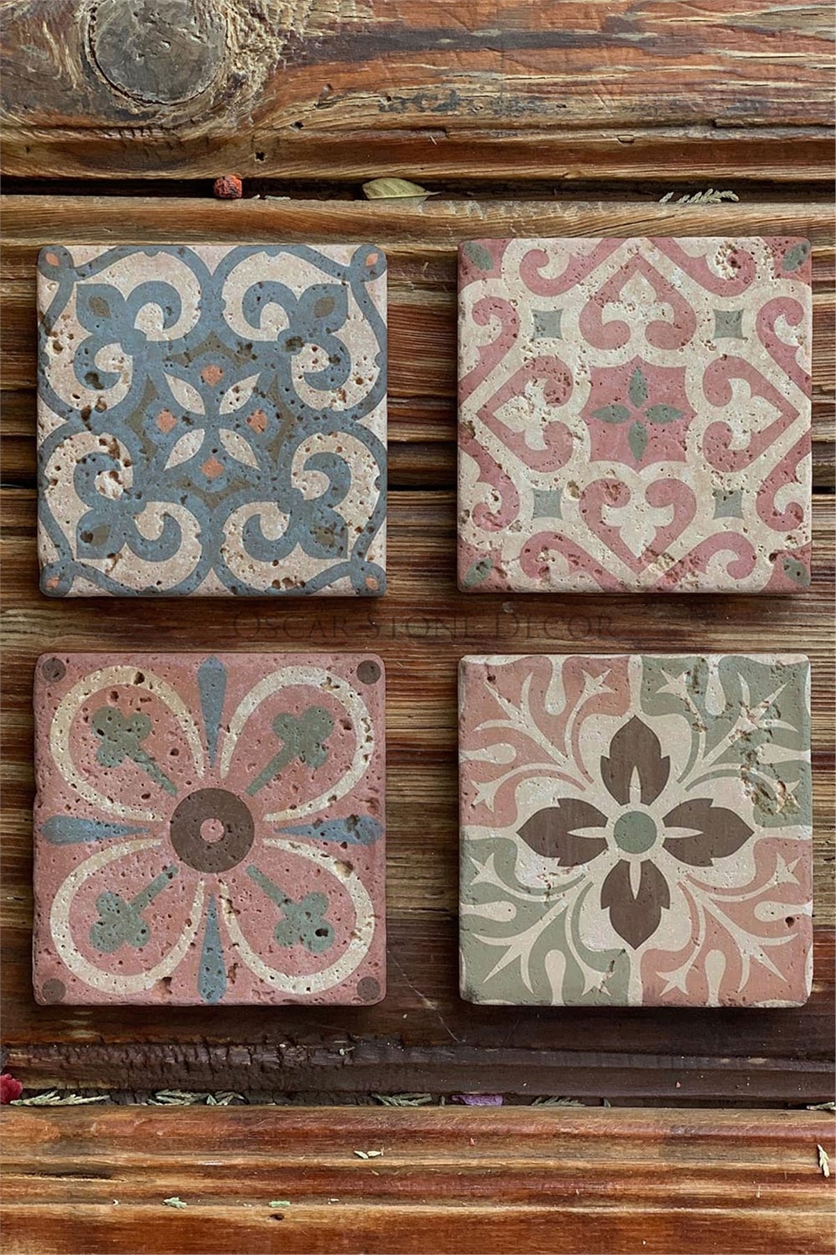 Oscar Stone Decor Baskılı Doğaltaş Bardak Altlığı 4'lü Set Desen Tile
