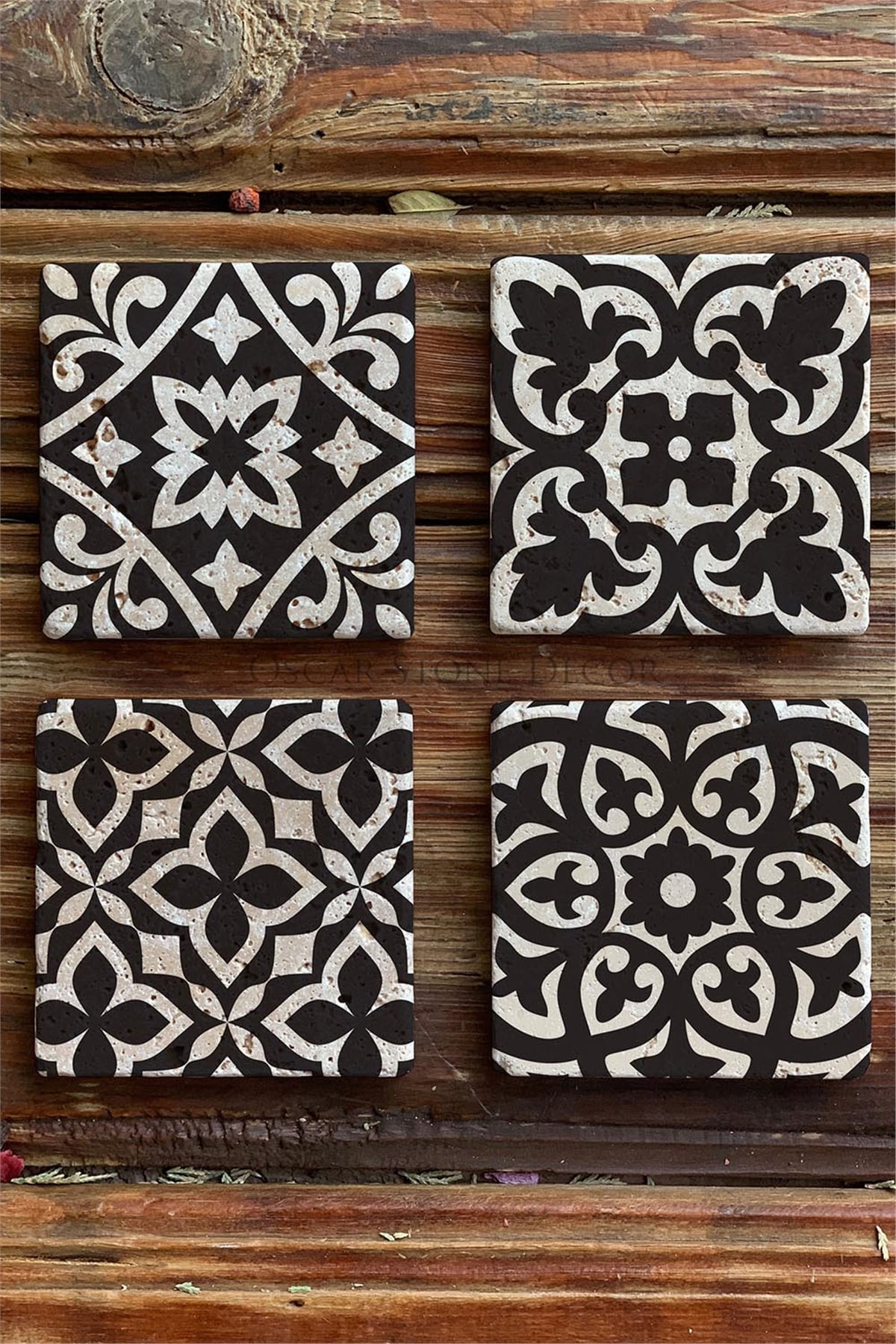Oscar Stone Decor Baskılı Doğaltaş Bardak Altlığı 4'lü Set Desen Tile