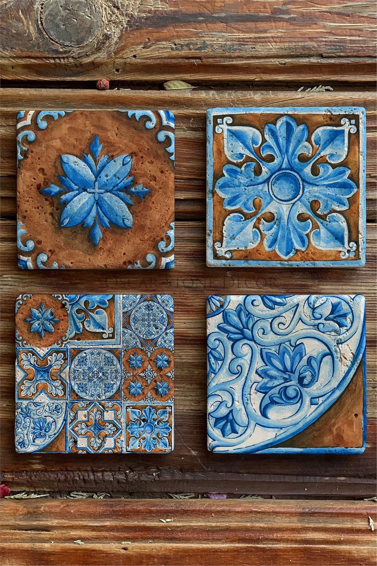 Oscar Stone Decor Baskılı Doğaltaş Bardak Altlığı 4'lü Set Desen Tile