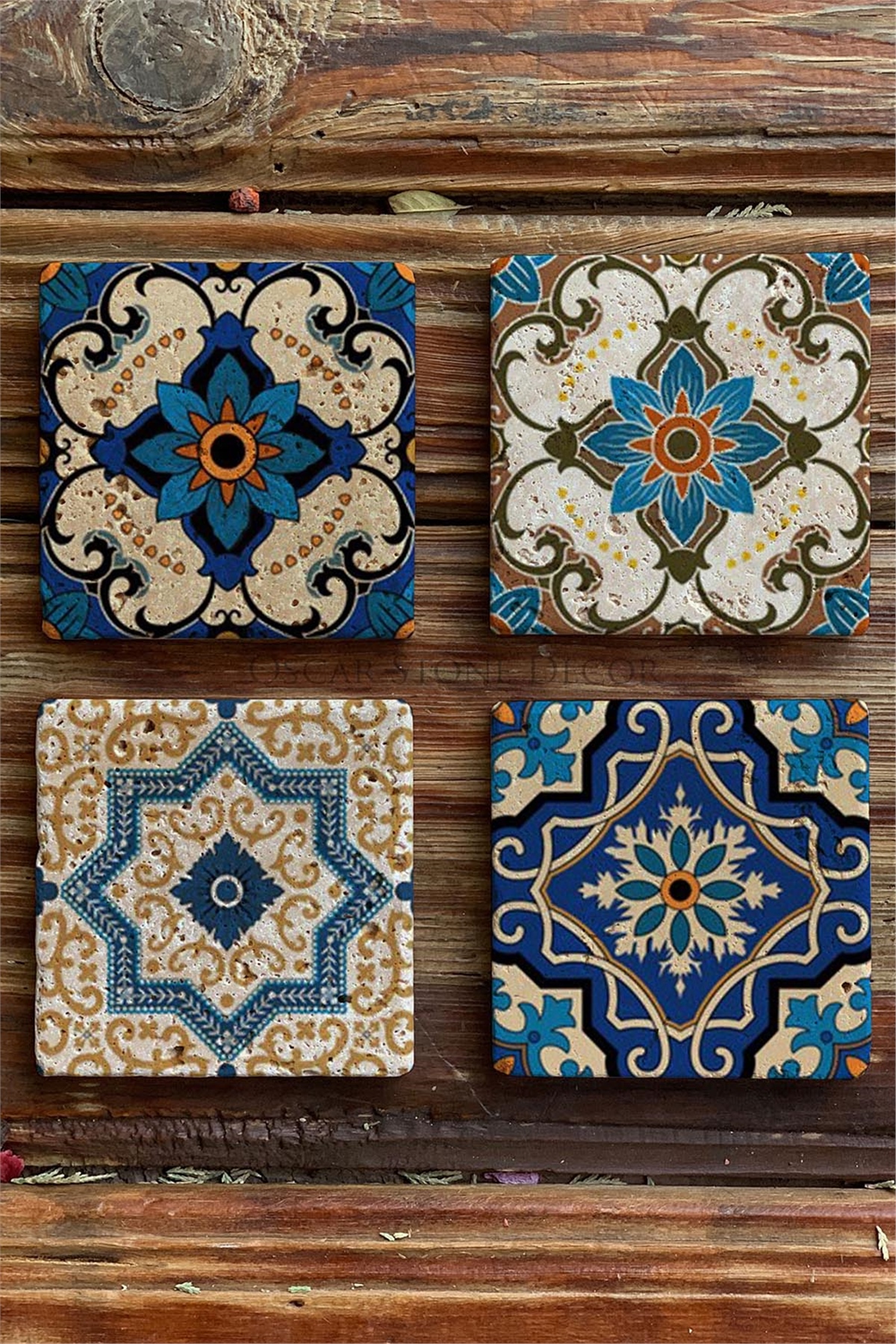 Oscar Stone Decor Baskılı Doğaltaş Bardak Altlığı 4'lü Set Desen Tile