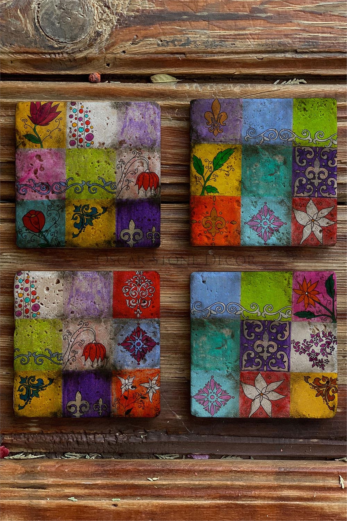 Oscar Stone Decor Baskılı Doğaltaş Bardak Altlığı 4'lü Set Desen Tile
