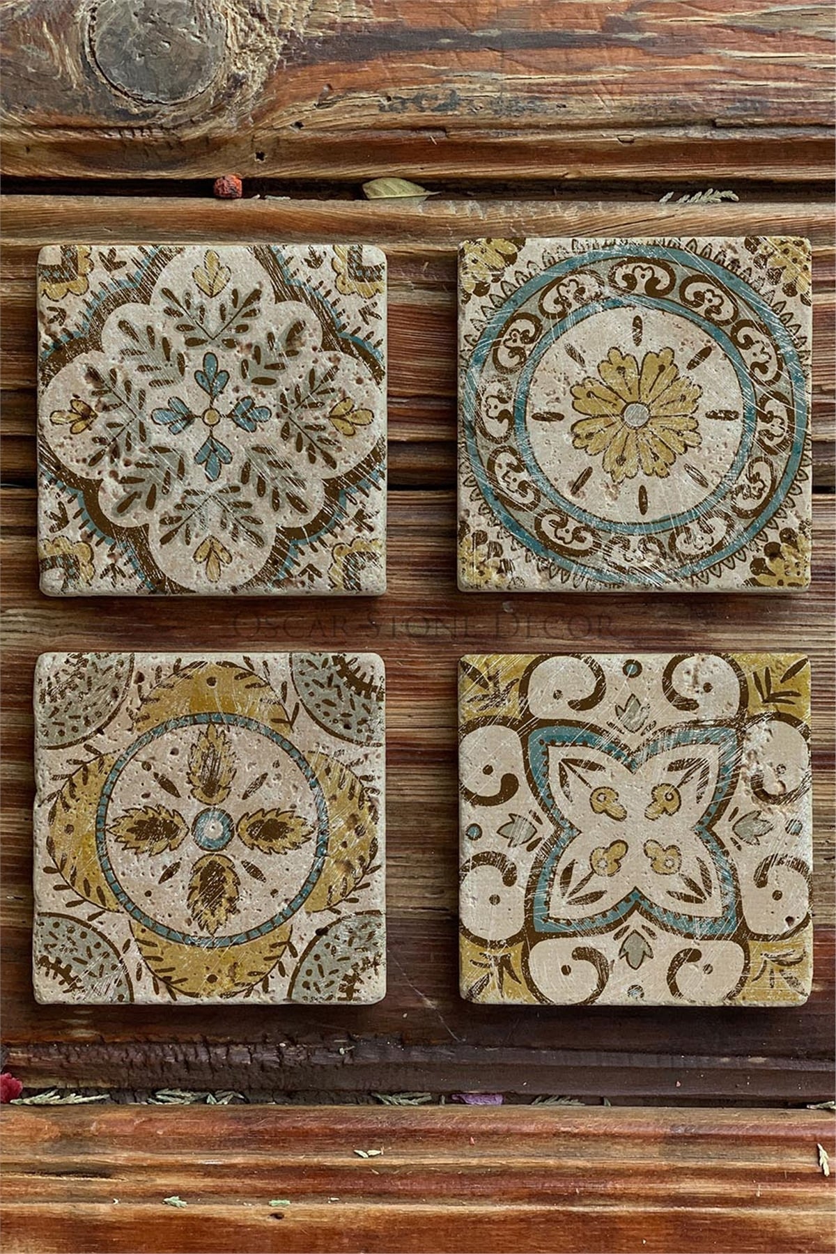Oscar Stone Decor Baskılı Doğaltaş Bardak Altlığı 4'lü Set Desen Tile