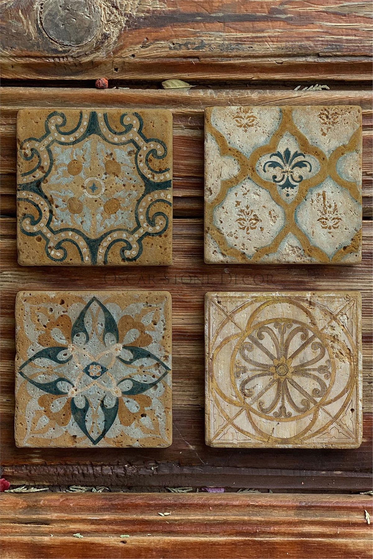 Oscar Stone Decor Baskılı Doğaltaş Bardak Altlığı 4'lü Set Desen Tile