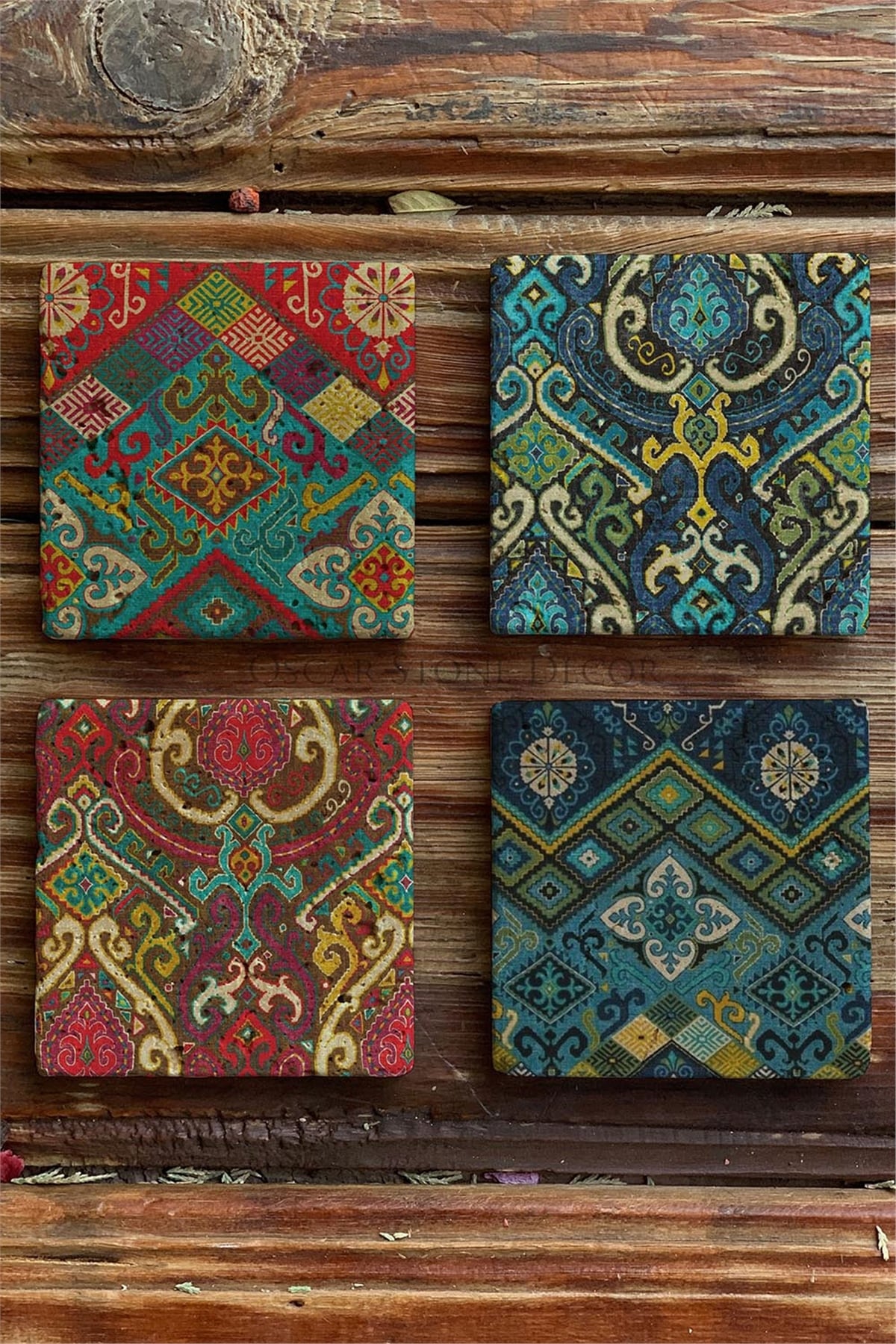 Oscar Stone Decor Baskılı Doğaltaş Bardak Altlığı 4'lü Set Desen Tile