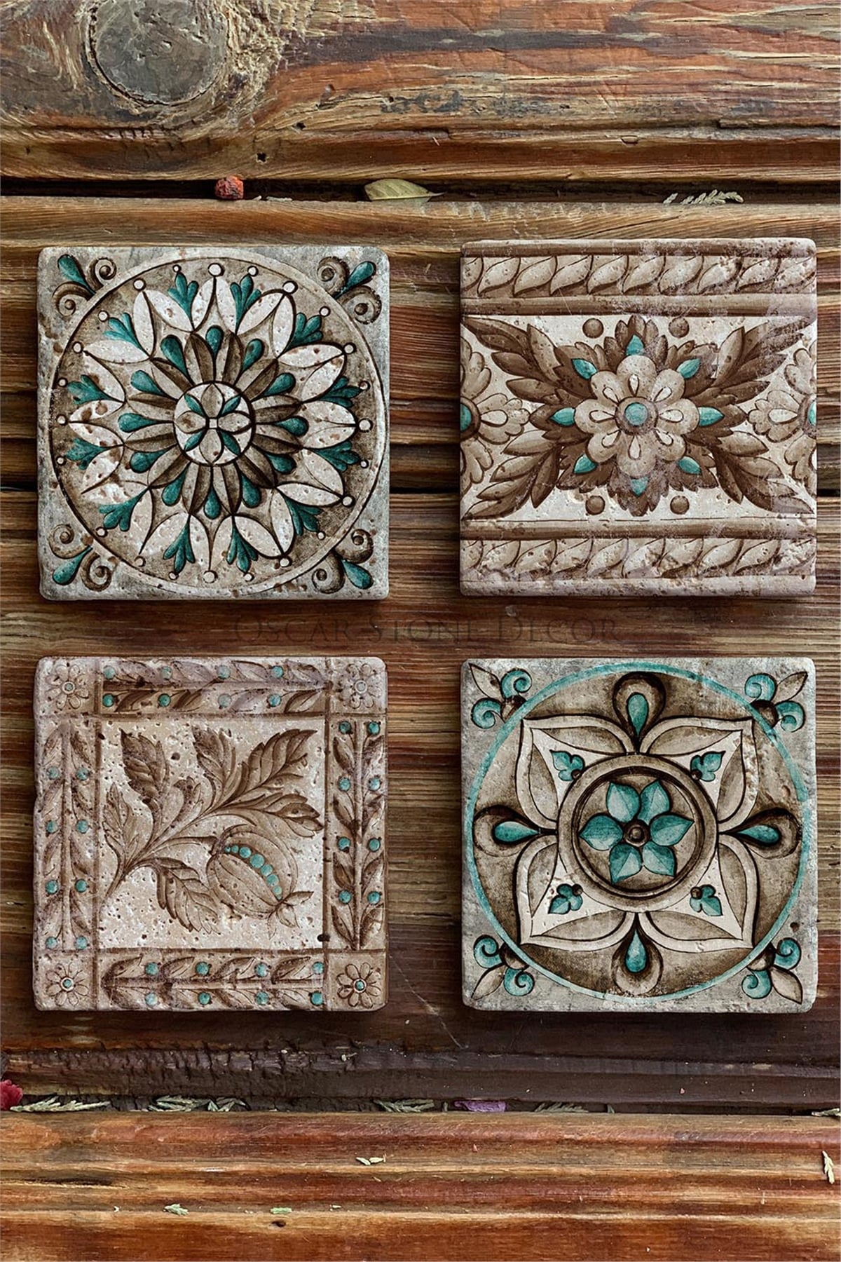 Oscar Stone Decor Baskılı Doğaltaş Bardak Altlığı 4'lü Set Desen Tile