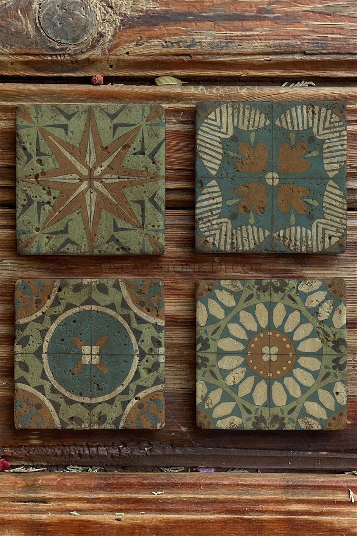 Oscar Stone Decor Baskılı Doğaltaş Bardak Altlığı 4'lü Set Desen Tile